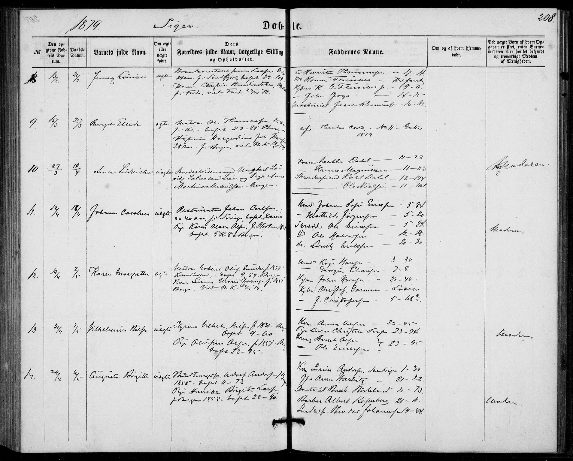 Fødselsstiftelsens sokneprestembete, ført av overlegen*, SAB/-: Parish register (official) no. A 1, 1863-1883, p. 208