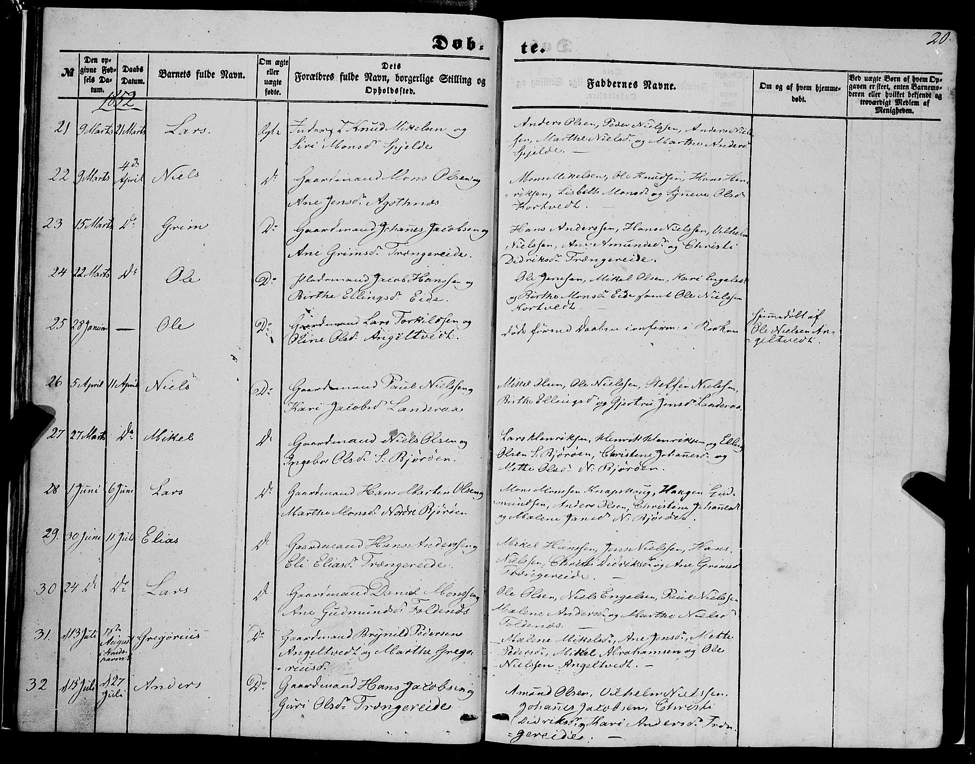 Fjell sokneprestembete, AV/SAB-A-75301/H/Haa: Parish register (official) no. A 2, 1847-1864, p. 20