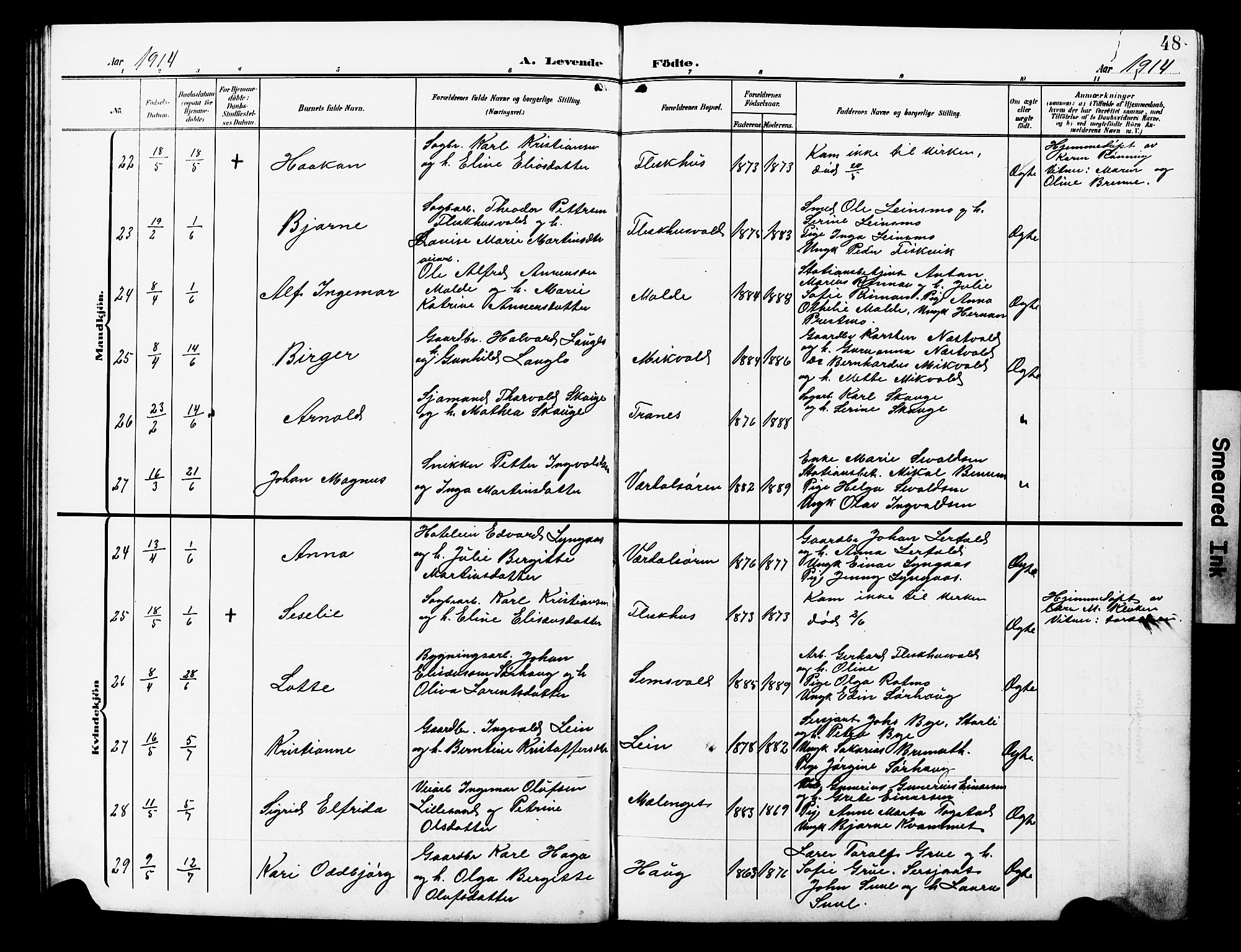 Ministerialprotokoller, klokkerbøker og fødselsregistre - Nord-Trøndelag, AV/SAT-A-1458/723/L0258: Parish register (copy) no. 723C06, 1908-1927, p. 48