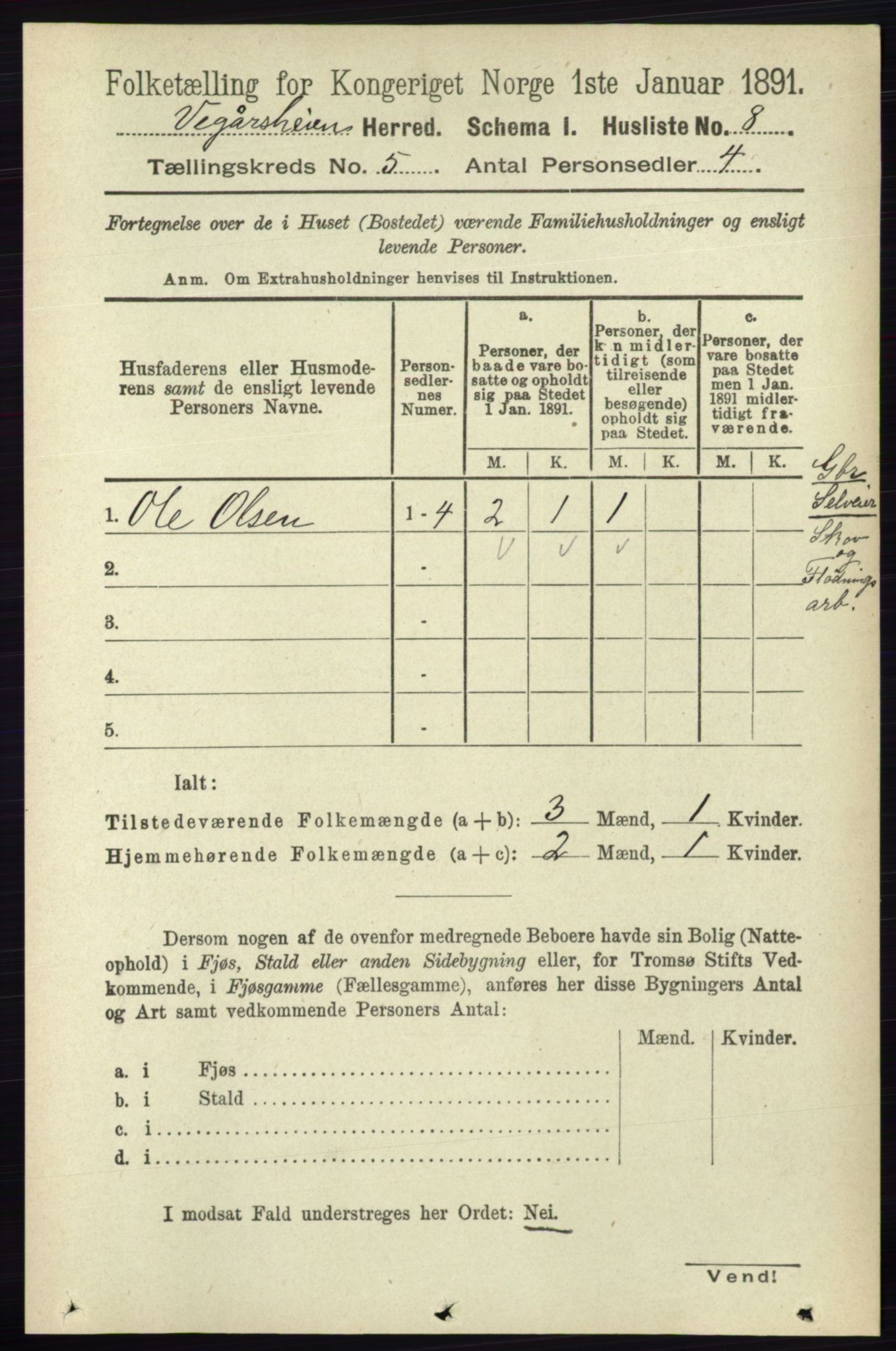 RA, 1891 census for 0912 Vegårshei, 1891, p. 950