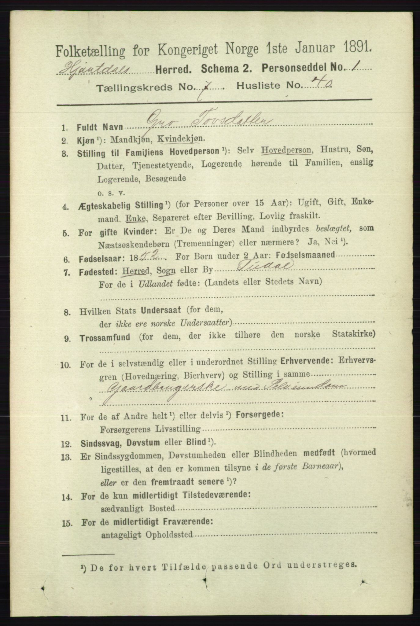 RA, 1891 census for 0827 Hjartdal, 1891, p. 2750