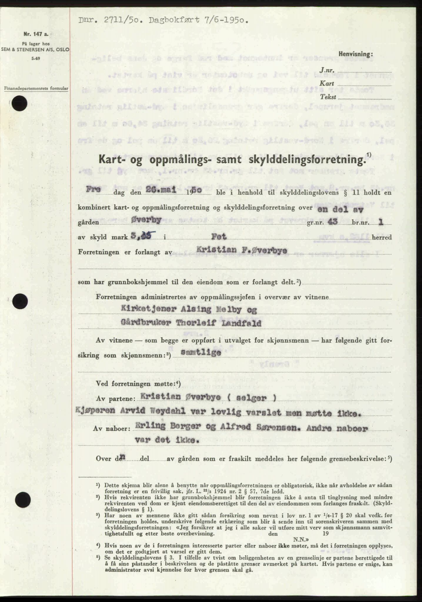 Nedre Romerike sorenskriveri, SAO/A-10469/G/Gb/Gbd/L0030: Mortgage book no. 30, 1950-1950, Diary no: : 2711/1950