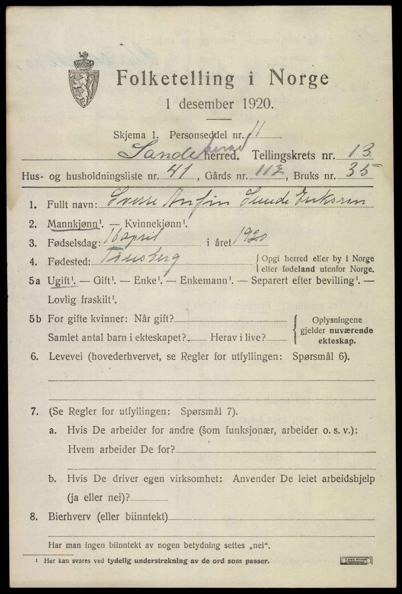 SAKO, 1920 census for Sandeherred, 1920, p. 19798