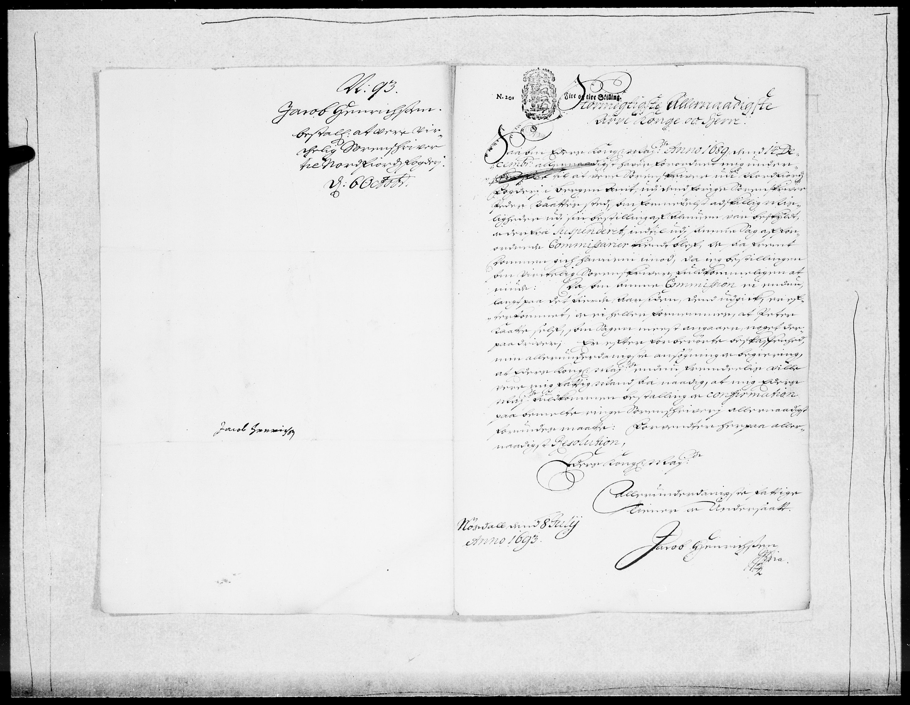Danske Kanselli 1572-1799, RA/EA-3023/F/Fc/Fcc/Fcca/L0046: Norske innlegg 1572-1799, 1693-1695, p. 42