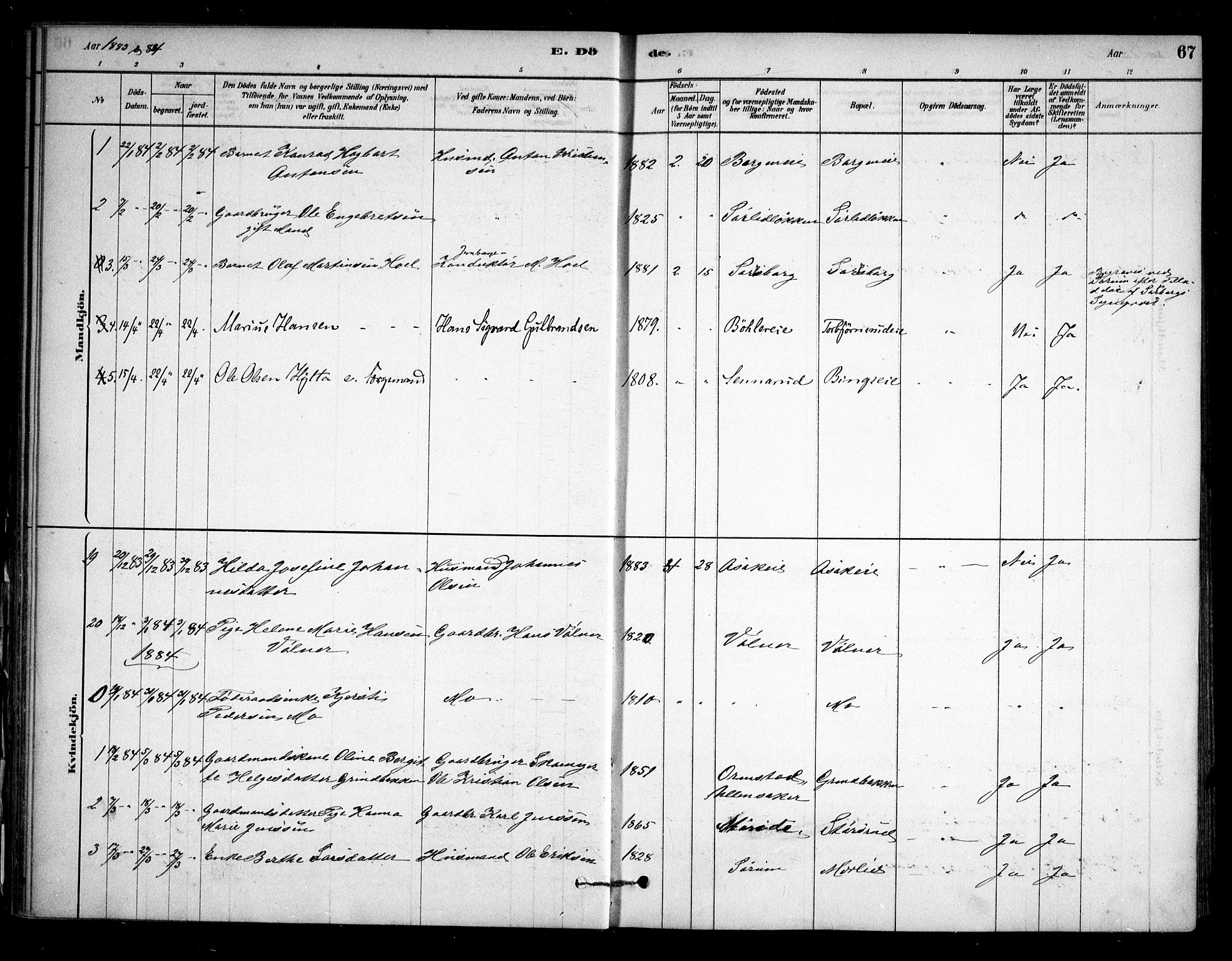 Sørum prestekontor Kirkebøker, SAO/A-10303/F/Fa/L0008: Parish register (official) no. I 8, 1878-1914, p. 67