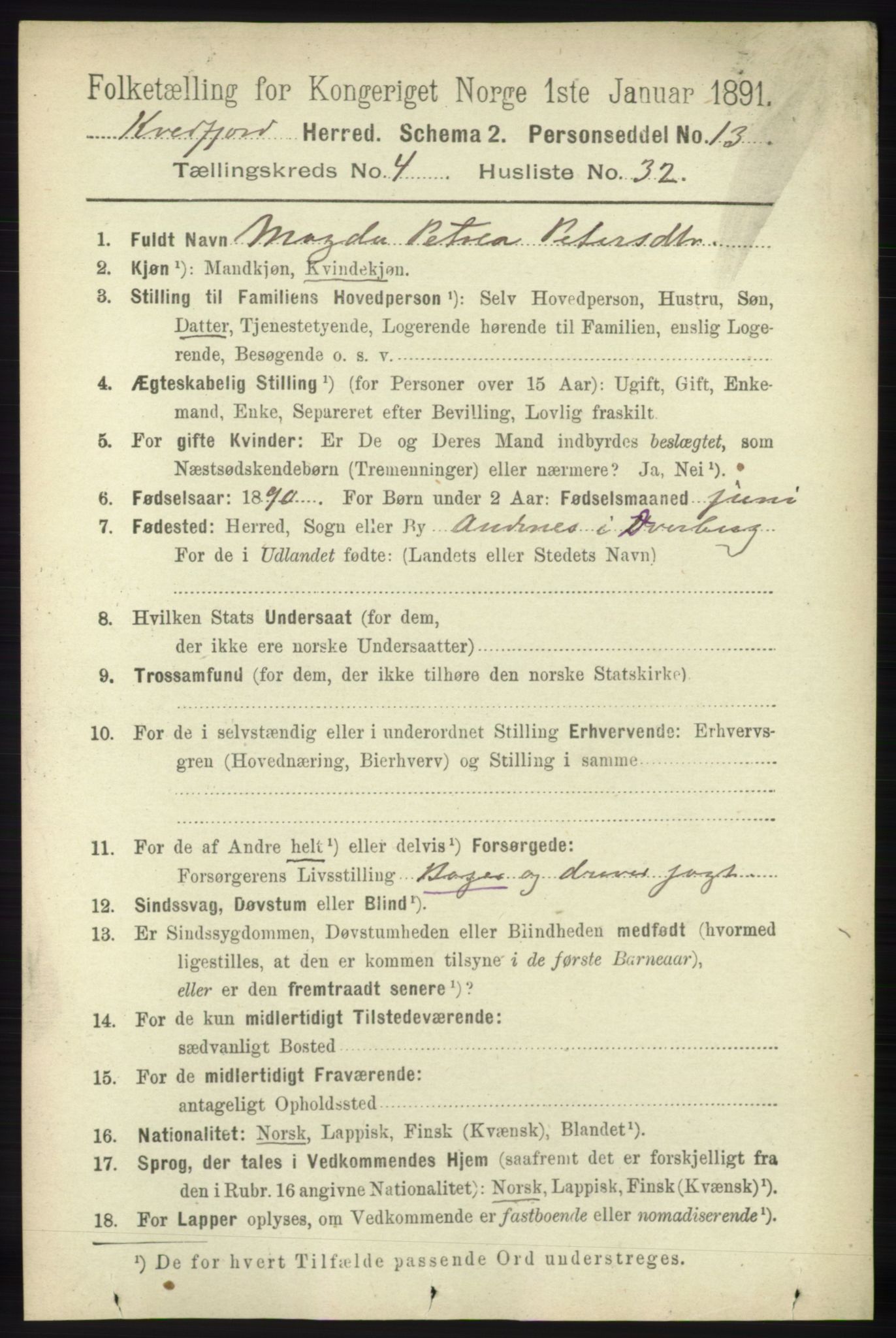 RA, 1891 census for 1911 Kvæfjord, 1891, p. 2111