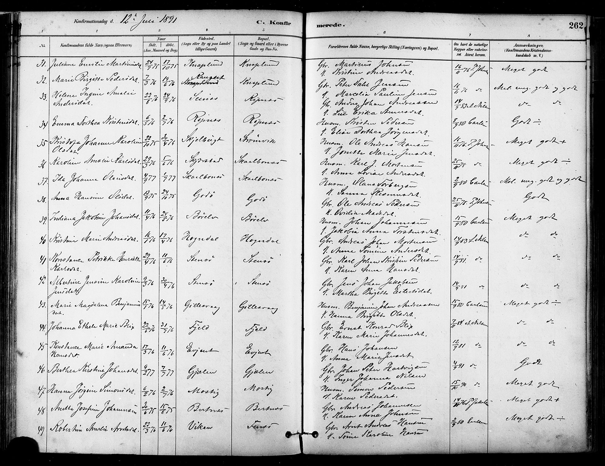 Ministerialprotokoller, klokkerbøker og fødselsregistre - Nordland, SAT/A-1459/802/L0054: Parish register (official) no. 802A01, 1879-1893, p. 262