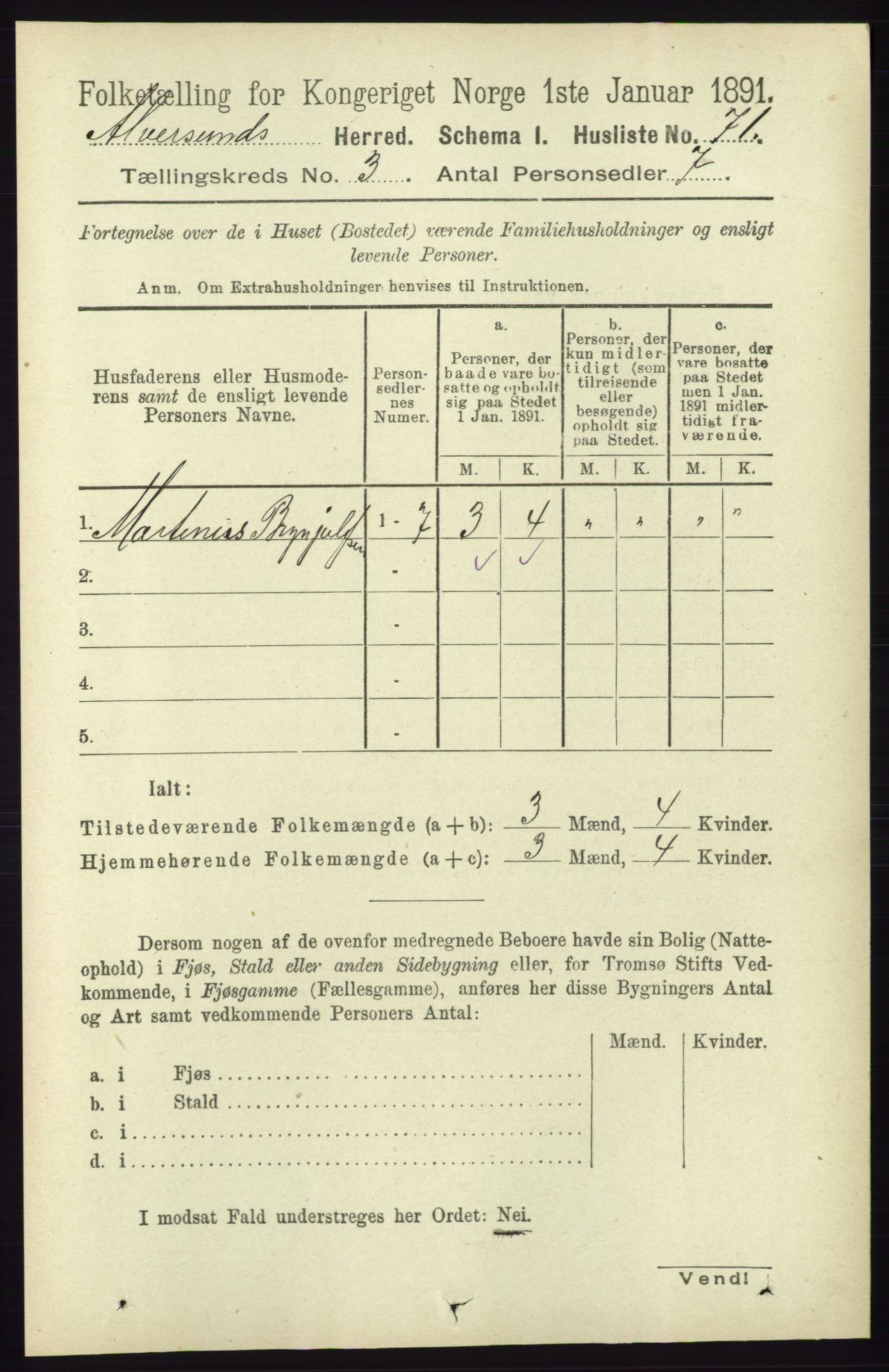 RA, 1891 census for 1257 Alversund, 1891, p. 1015