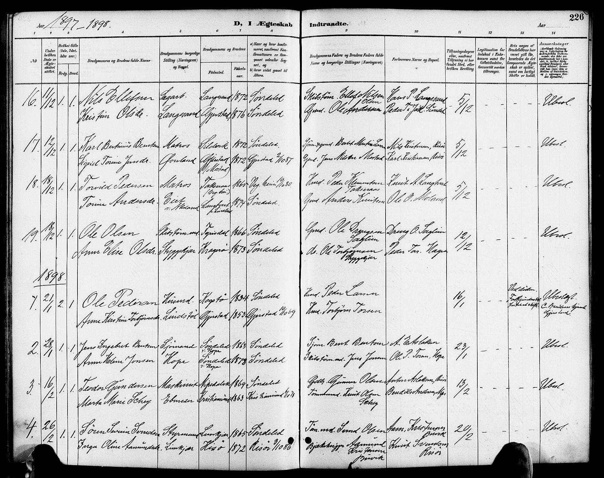 Søndeled sokneprestkontor, AV/SAK-1111-0038/F/Fa/L0005: Parish register (official) no. A 5, 1889-1899, p. 226