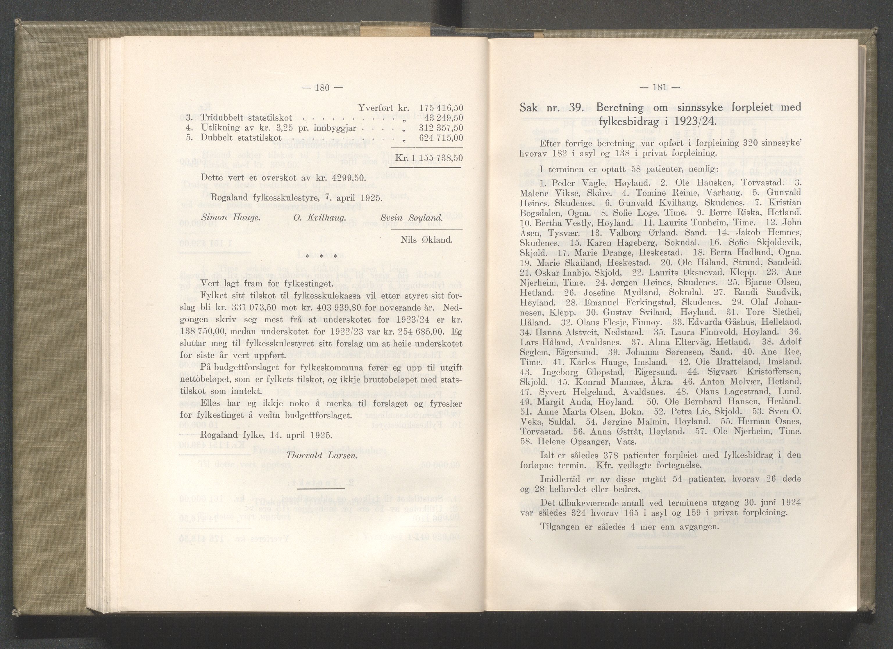 Rogaland fylkeskommune - Fylkesrådmannen , IKAR/A-900/A/Aa/Aaa/L0044: Møtebok , 1925, p. 180-181