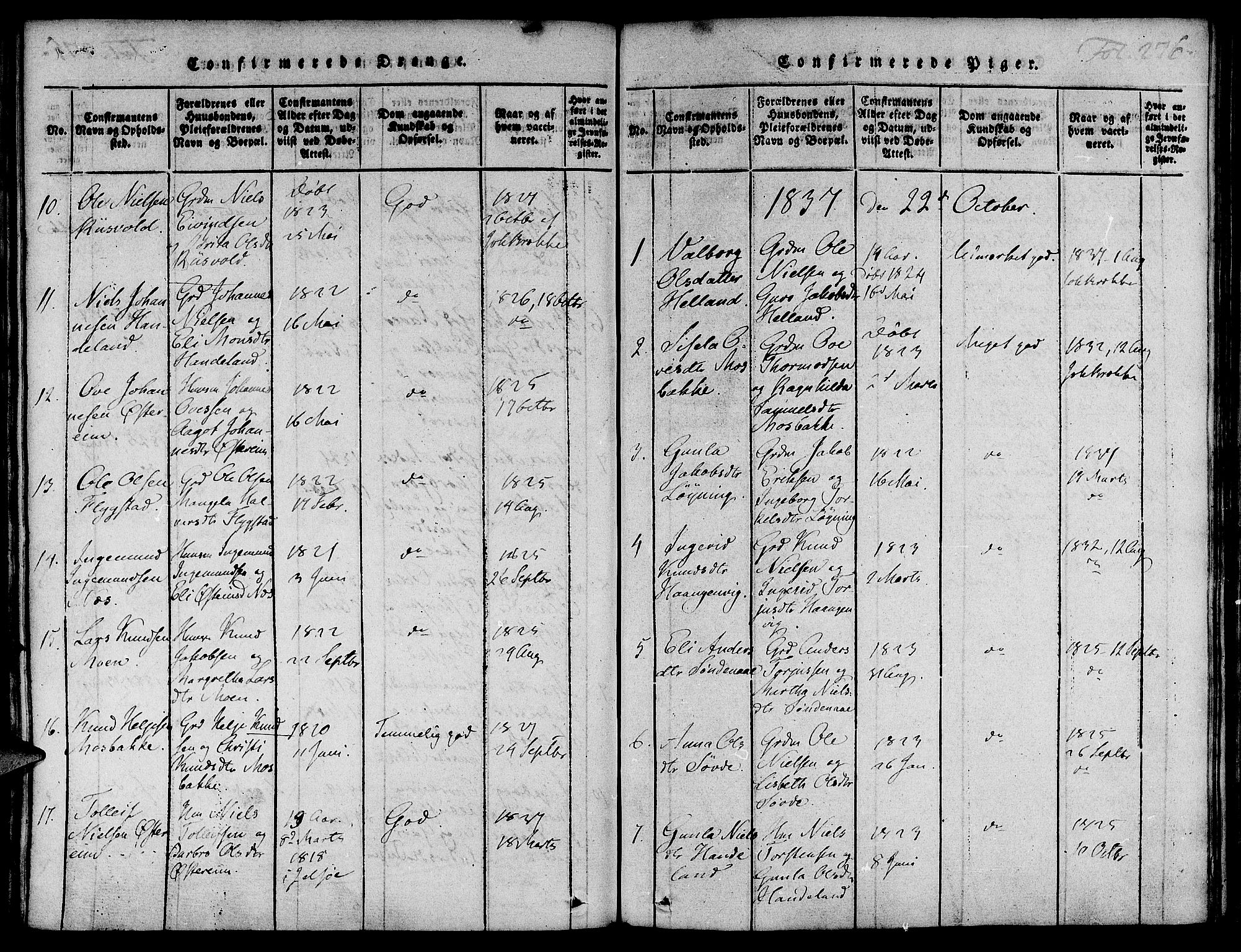 Suldal sokneprestkontor, SAST/A-101845/01/IV/L0007: Parish register (official) no. A 7, 1817-1838, p. 276