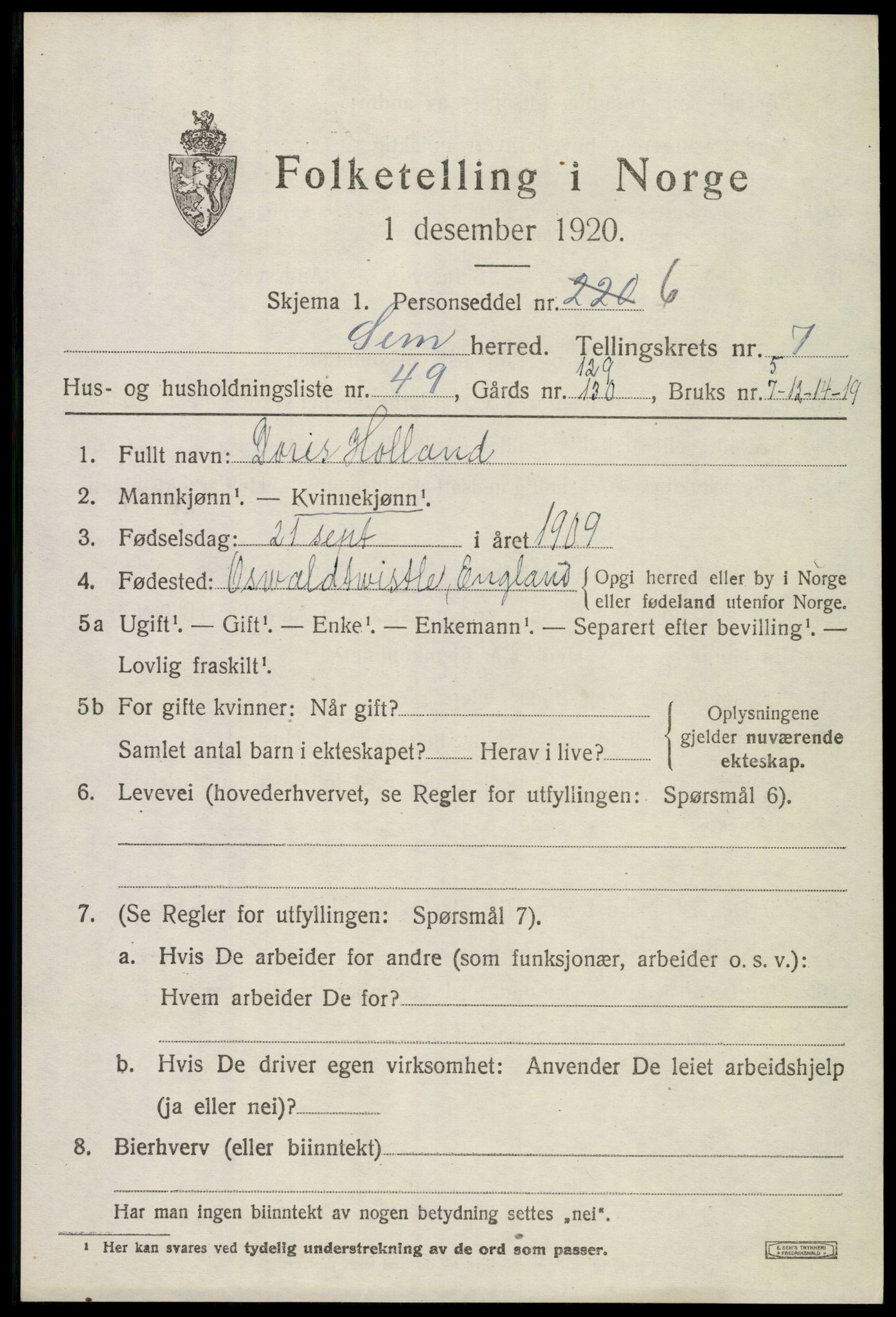 SAKO, 1920 census for Sem, 1920, p. 10781