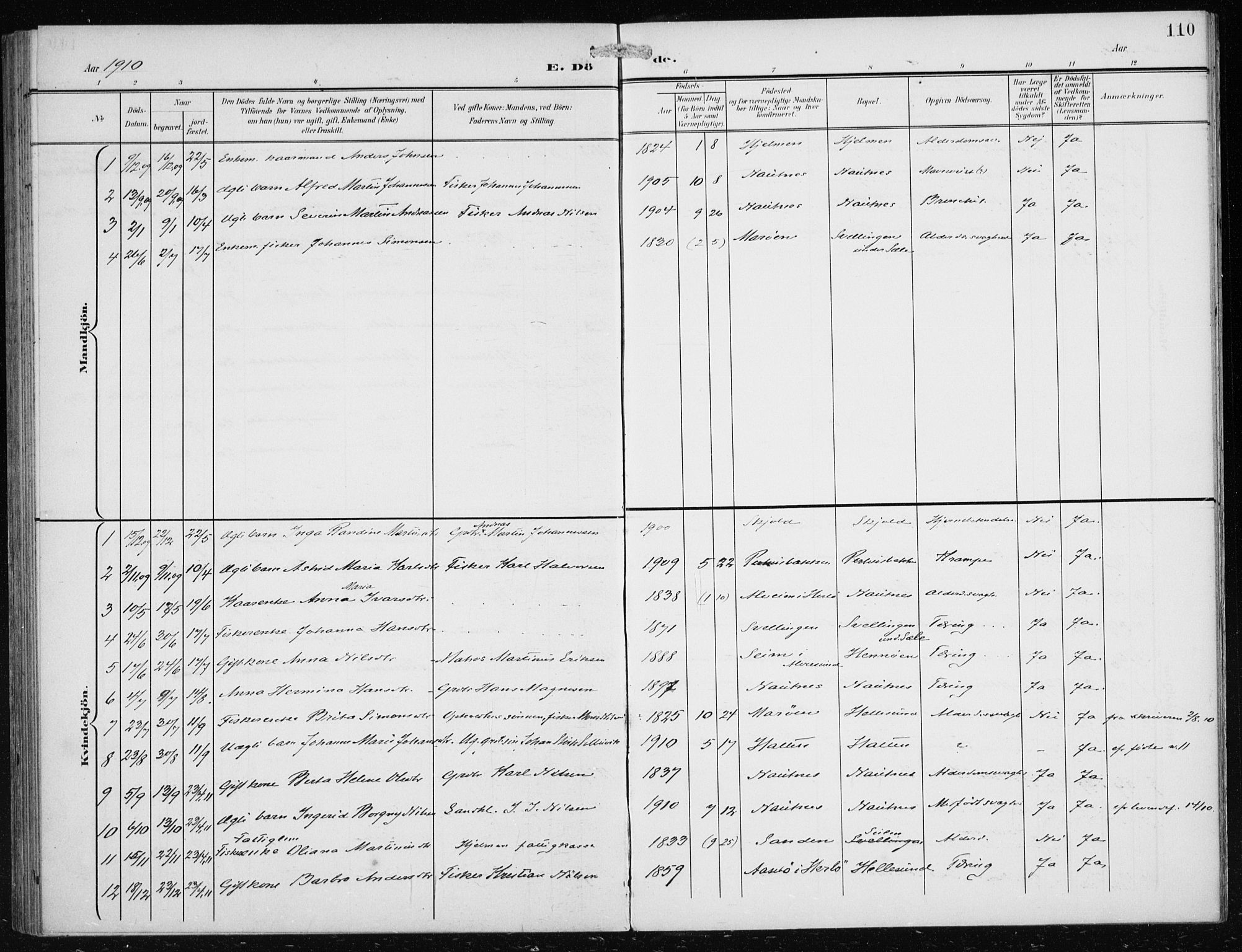 Herdla Sokneprestembete, AV/SAB-A-75701/H/Haa: Parish register (official) no. B 1, 1902-1921, p. 110