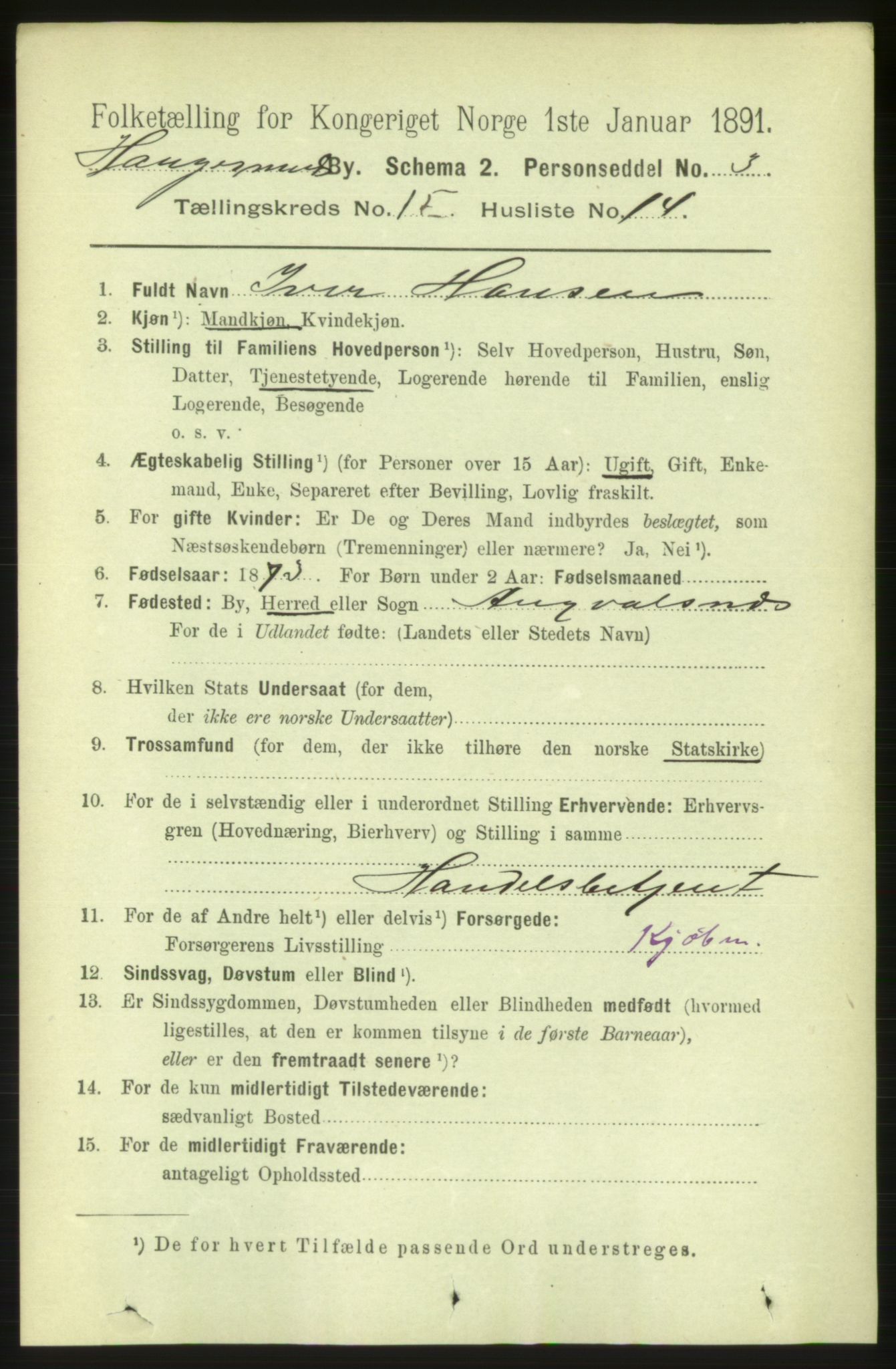 RA, 1891 census for 1106 Haugesund, 1891, p. 5044