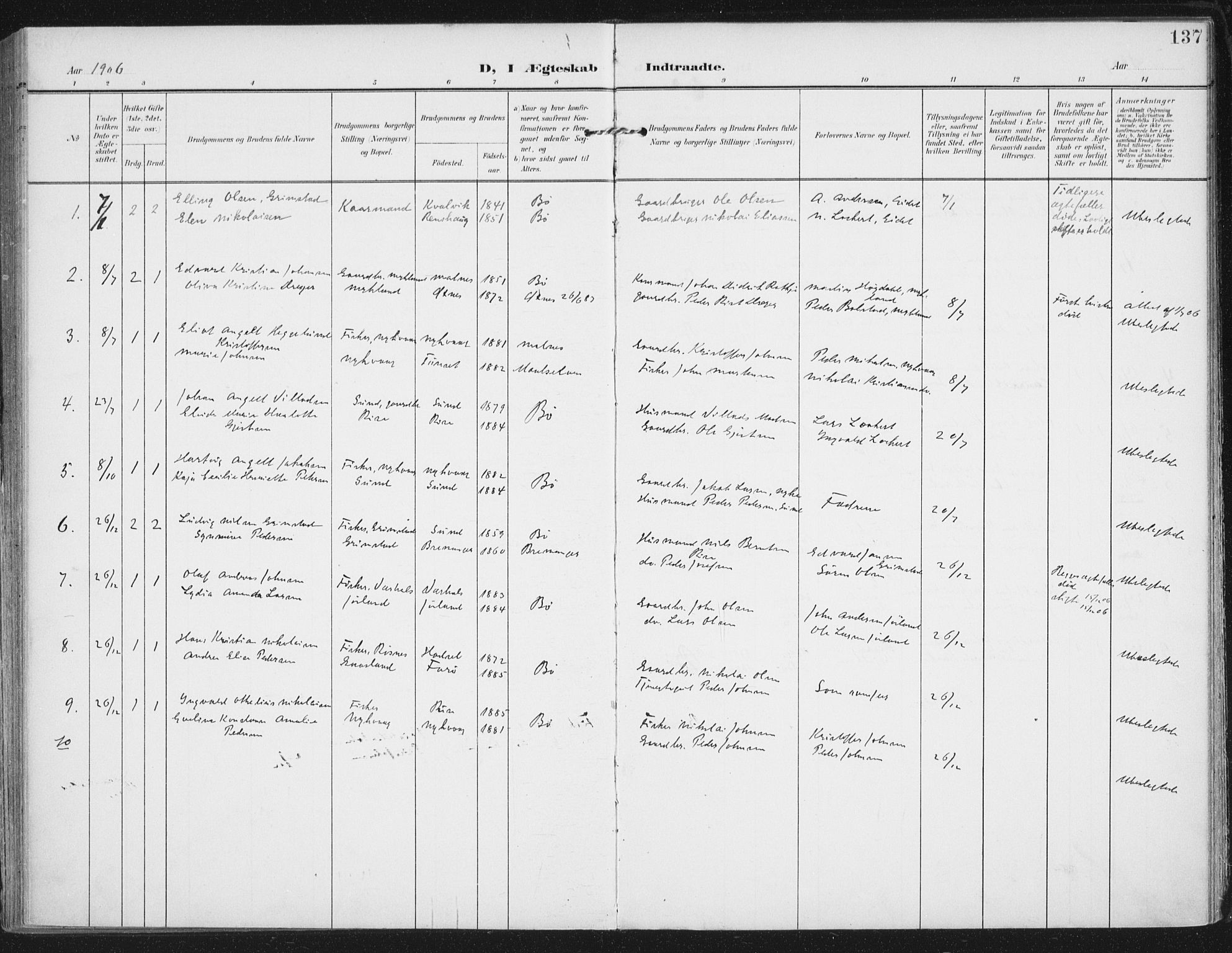 Ministerialprotokoller, klokkerbøker og fødselsregistre - Nordland, SAT/A-1459/892/L1321: Parish register (official) no. 892A02, 1902-1918, p. 137