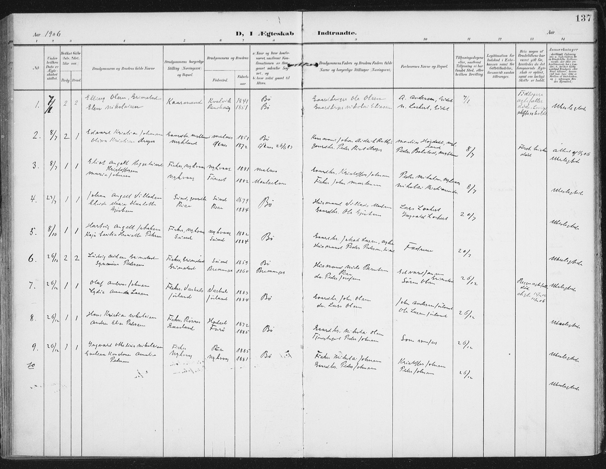 Ministerialprotokoller, klokkerbøker og fødselsregistre - Nordland, AV/SAT-A-1459/892/L1321: Parish register (official) no. 892A02, 1902-1918, p. 137