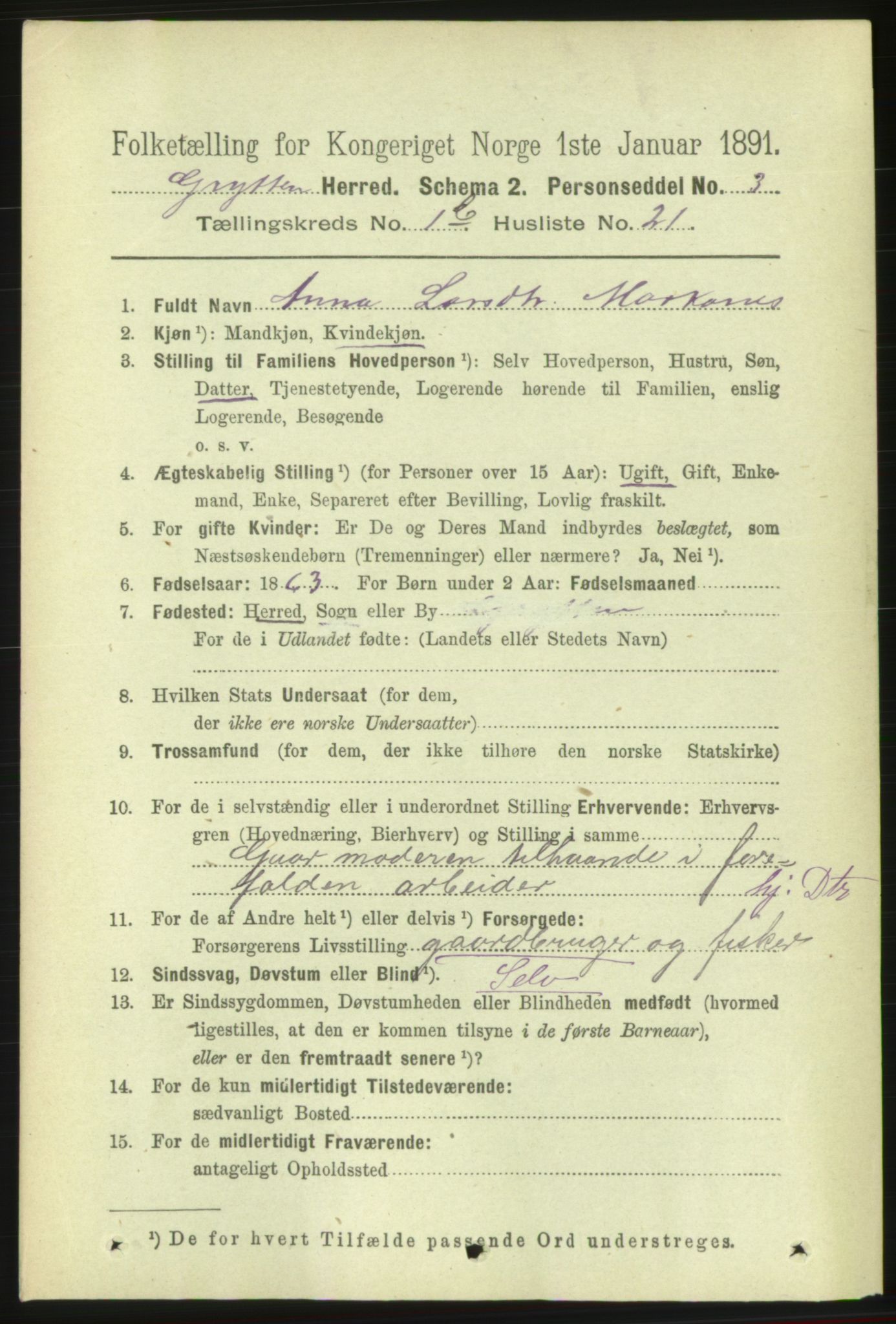 RA, 1891 census for 1539 Grytten, 1891, p. 208