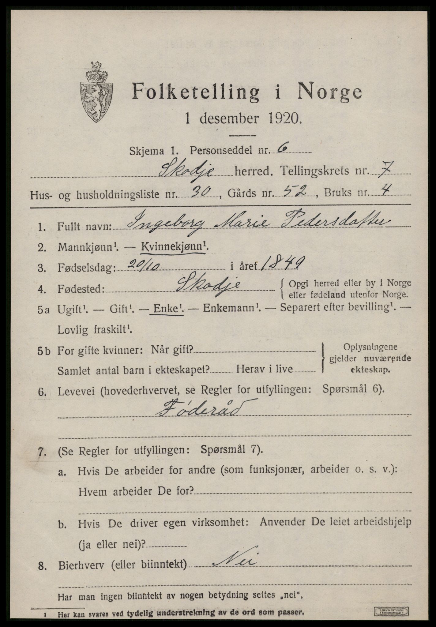 SAT, 1920 census for Skodje, 1920, p. 3313