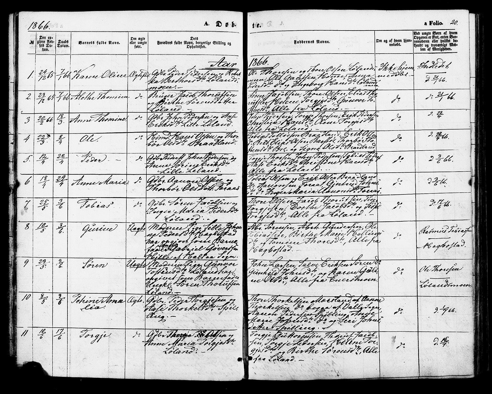 Nord-Audnedal sokneprestkontor, AV/SAK-1111-0032/F/Fa/Fab/L0002: Parish register (official) no. A 2, 1859-1882, p. 20