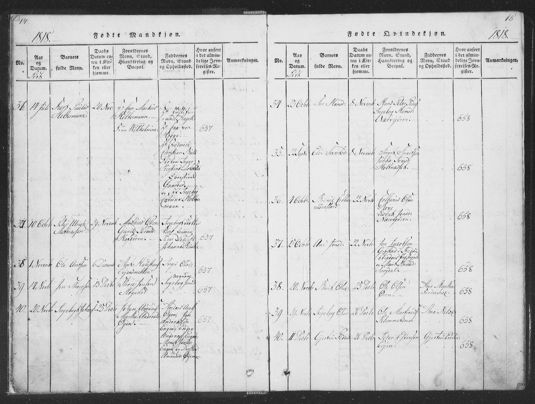 Ministerialprotokoller, klokkerbøker og fødselsregistre - Sør-Trøndelag, SAT/A-1456/668/L0816: Parish register (copy) no. 668C05, 1816-1893, p. 14-15