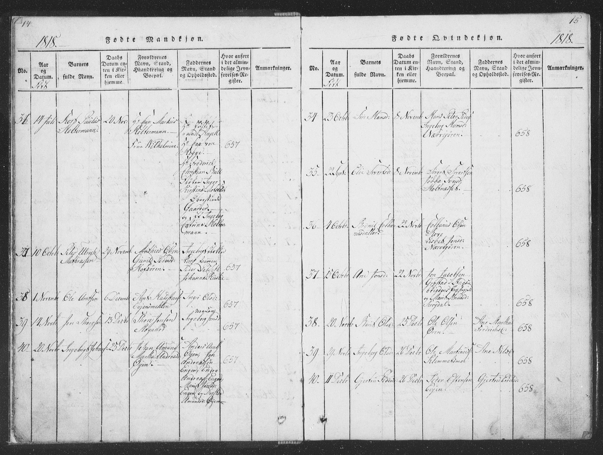 Ministerialprotokoller, klokkerbøker og fødselsregistre - Sør-Trøndelag, AV/SAT-A-1456/668/L0816: Parish register (copy) no. 668C05, 1816-1893, p. 14-15