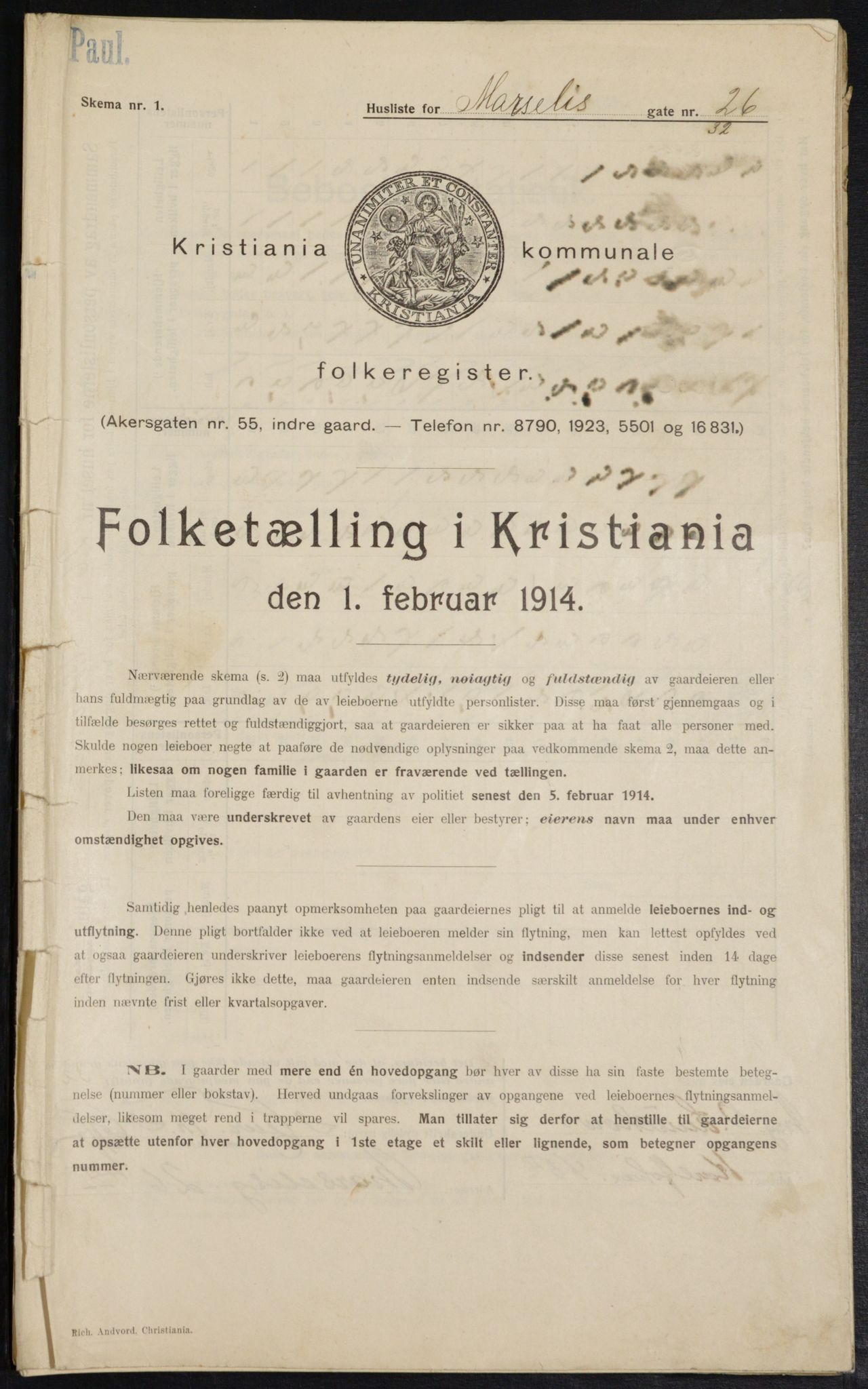 OBA, Municipal Census 1914 for Kristiania, 1914, p. 64407