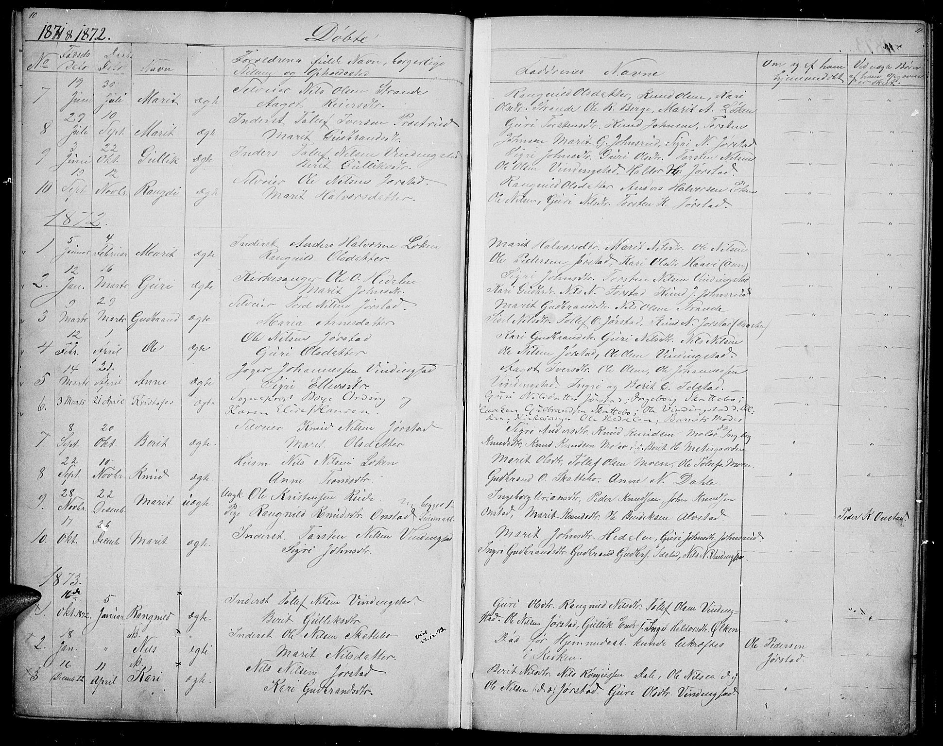 Øystre Slidre prestekontor, SAH/PREST-138/H/Ha/Hab/L0002: Parish register (copy) no. 2, 1866-1886, p. 10-11
