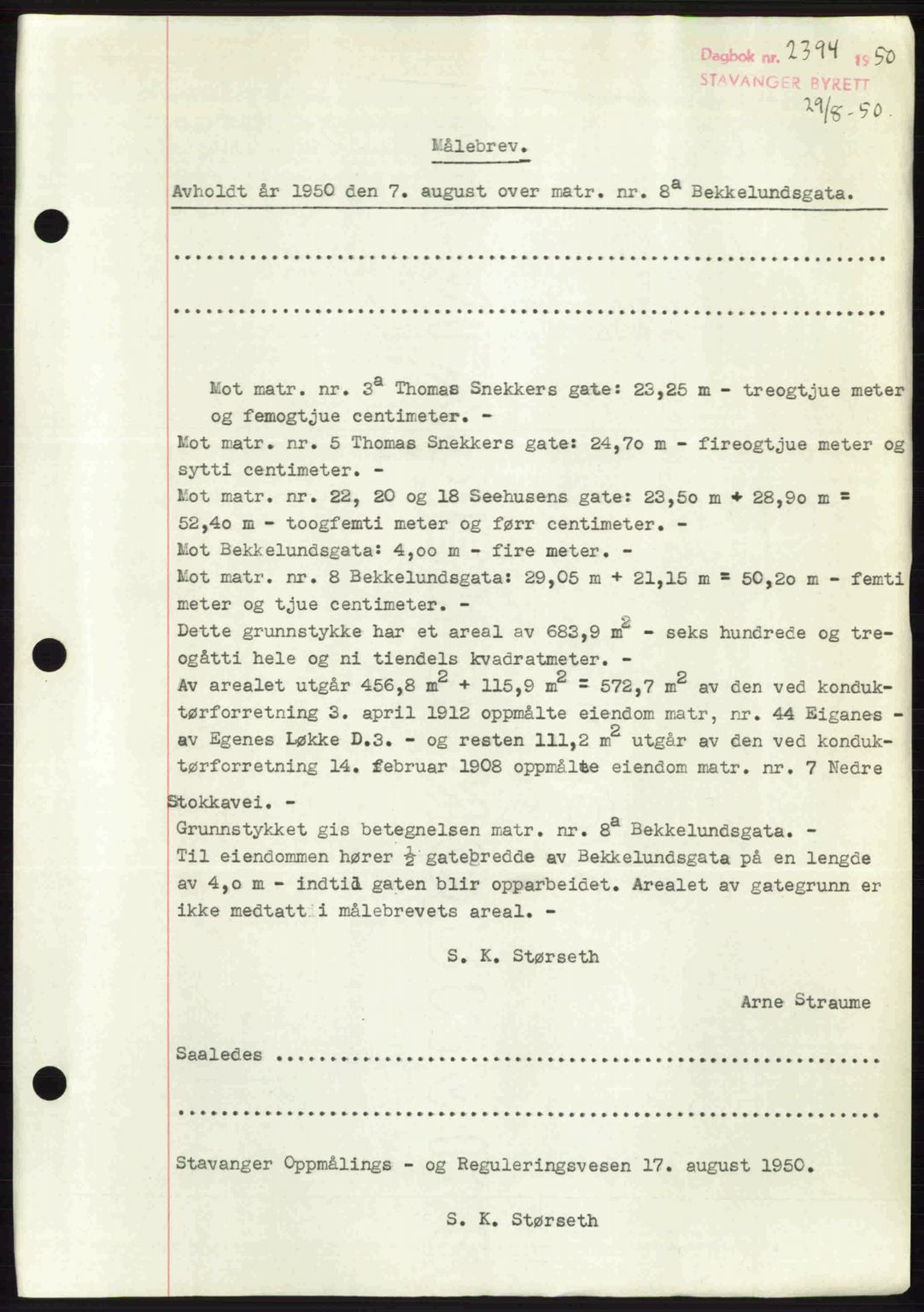 Stavanger byrett, SAST/A-100455/002/G/Gb/L0024: Mortgage book no. A13, 1949-1950, Diary no: : 2394/1950