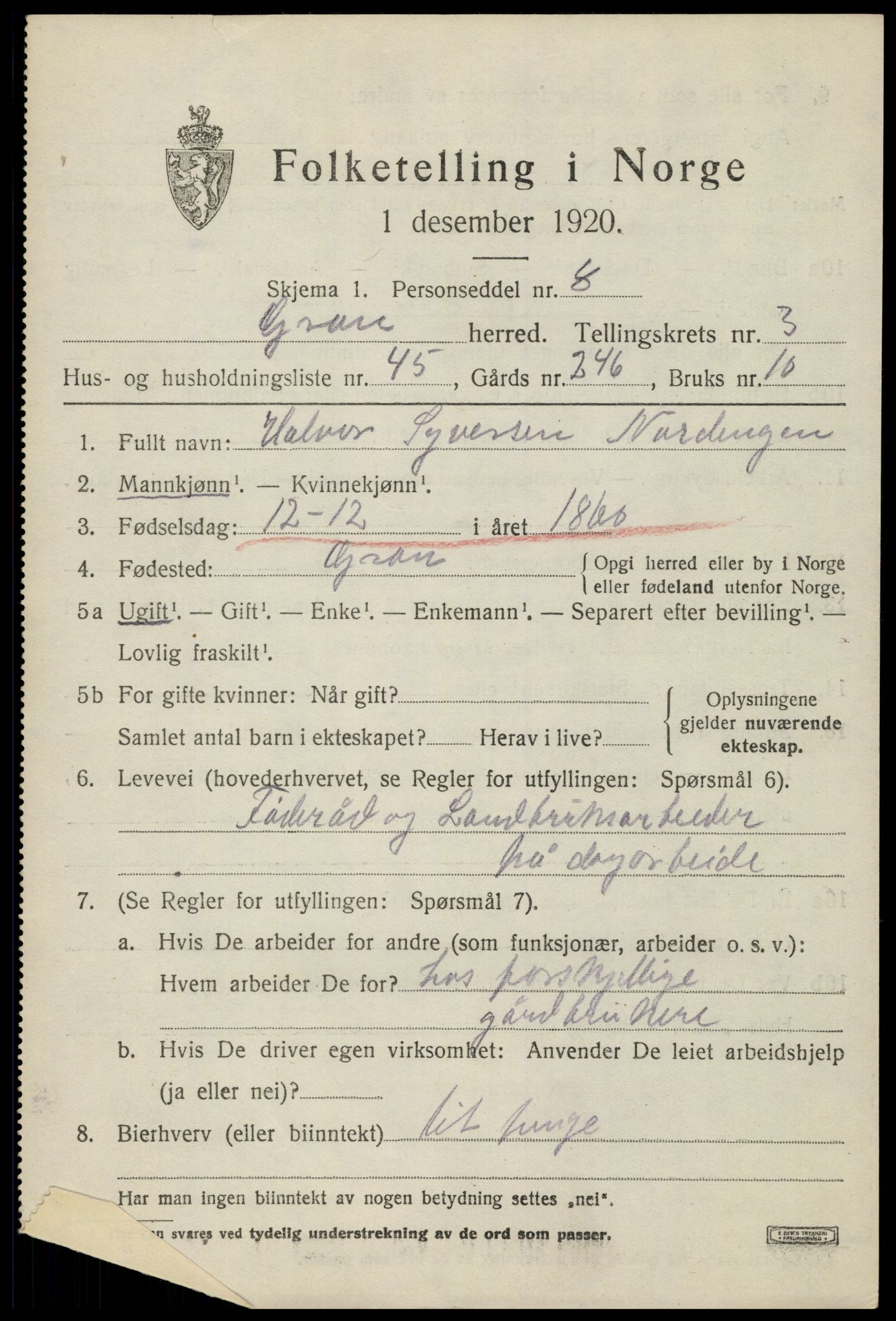 SAH, 1920 census for Gran, 1920, p. 5742