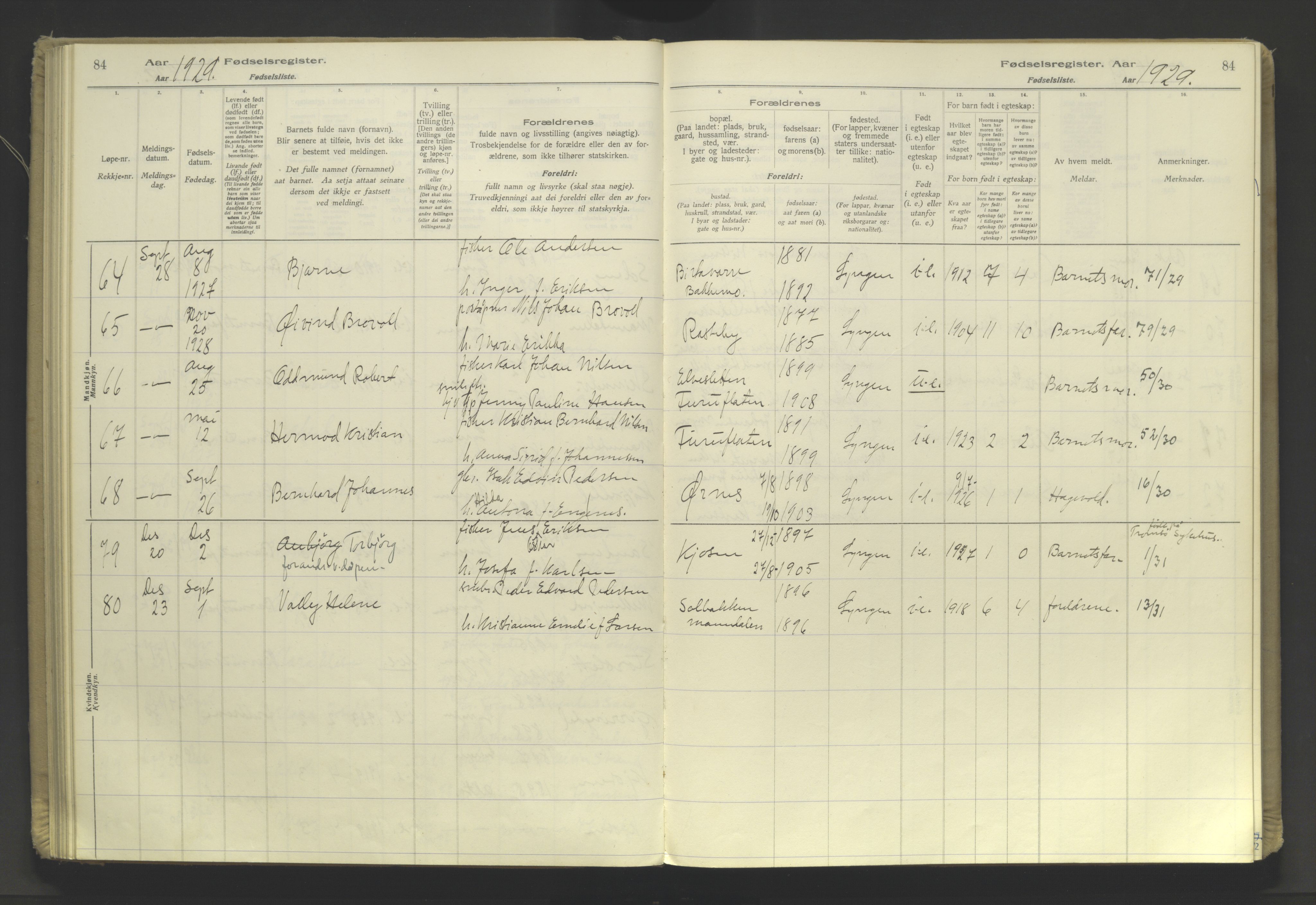 Lyngen sokneprestembete, SATØ/S-1289/I/Ia/L0076: Birth register no. 76, 1924-1945, p. 84