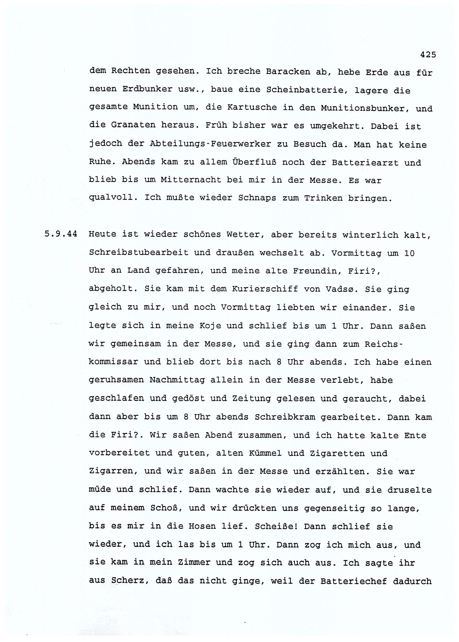 Dagbokopptegnelser av en tysk marineoffiser stasjonert i Norge , FMFB/A-1160/F/L0001: Dagbokopptegnelser av en tysk marineoffiser stasjonert i Norge, 1941-1944, p. 425