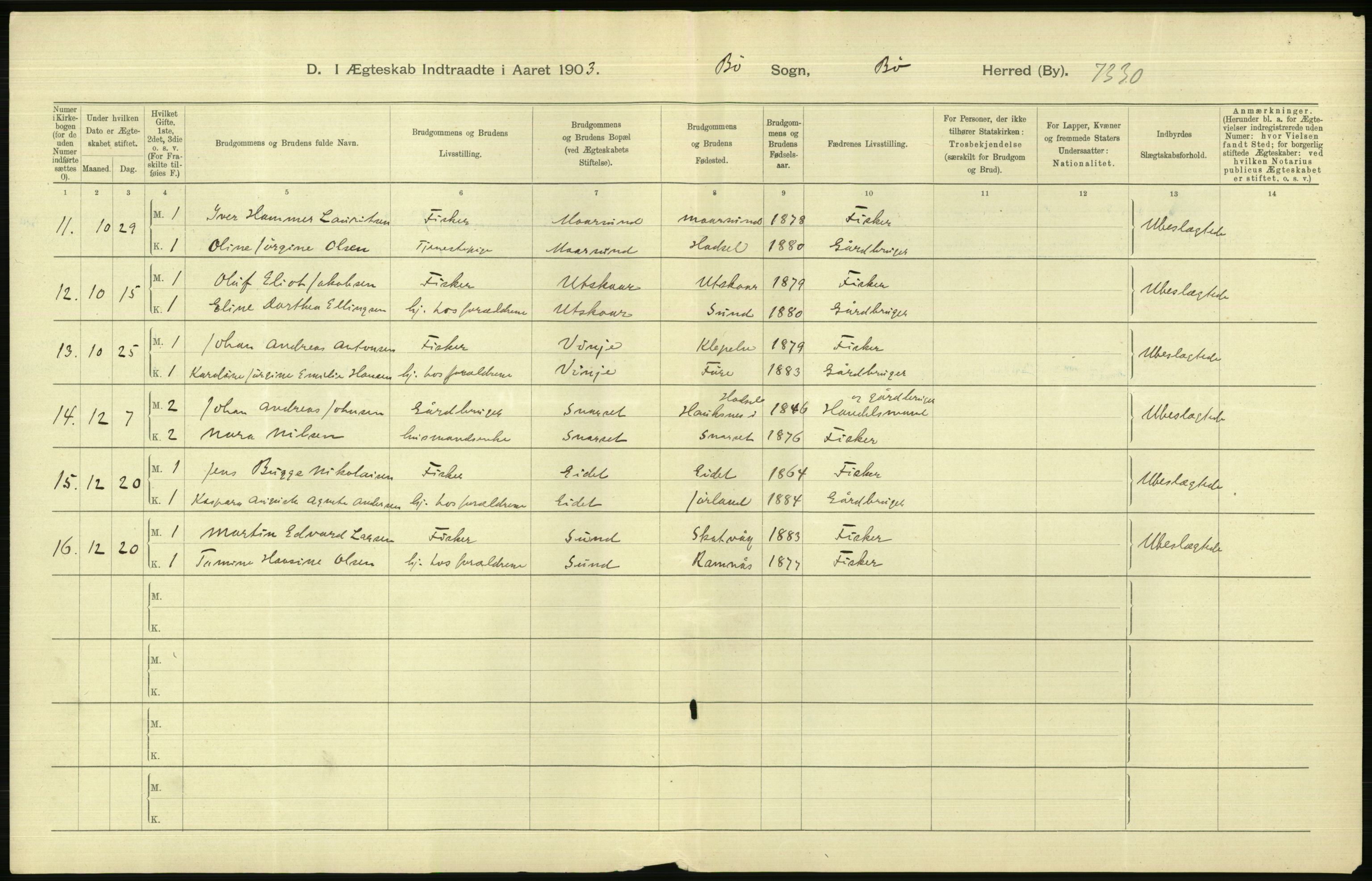 Statistisk sentralbyrå, Sosiodemografiske emner, Befolkning, AV/RA-S-2228/D/Df/Dfa/Dfaa/L0019: Nordlands amt: Fødte, gifte, døde., 1903, p. 214