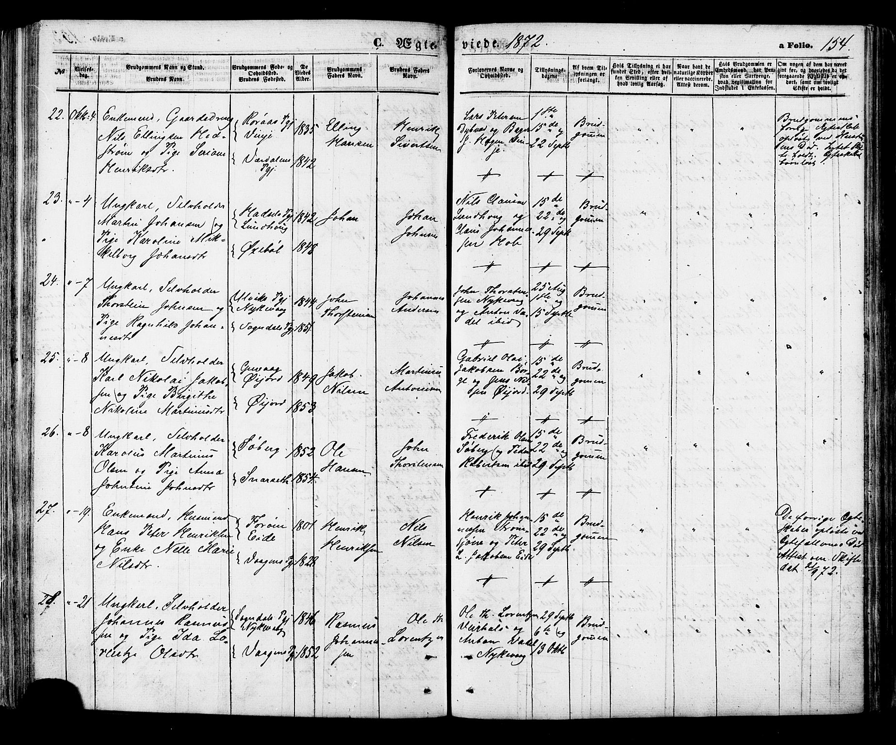 Ministerialprotokoller, klokkerbøker og fødselsregistre - Nordland, SAT/A-1459/891/L1301: Parish register (official) no. 891A06, 1870-1878, p. 154