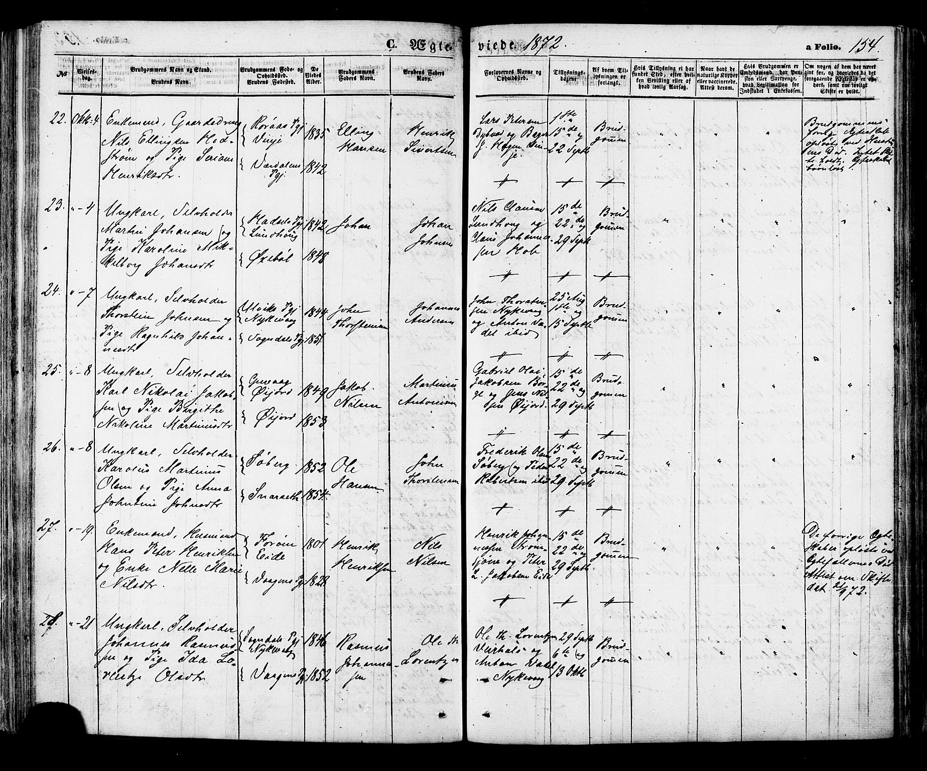 Ministerialprotokoller, klokkerbøker og fødselsregistre - Nordland, AV/SAT-A-1459/891/L1301: Parish register (official) no. 891A06, 1870-1878, p. 154