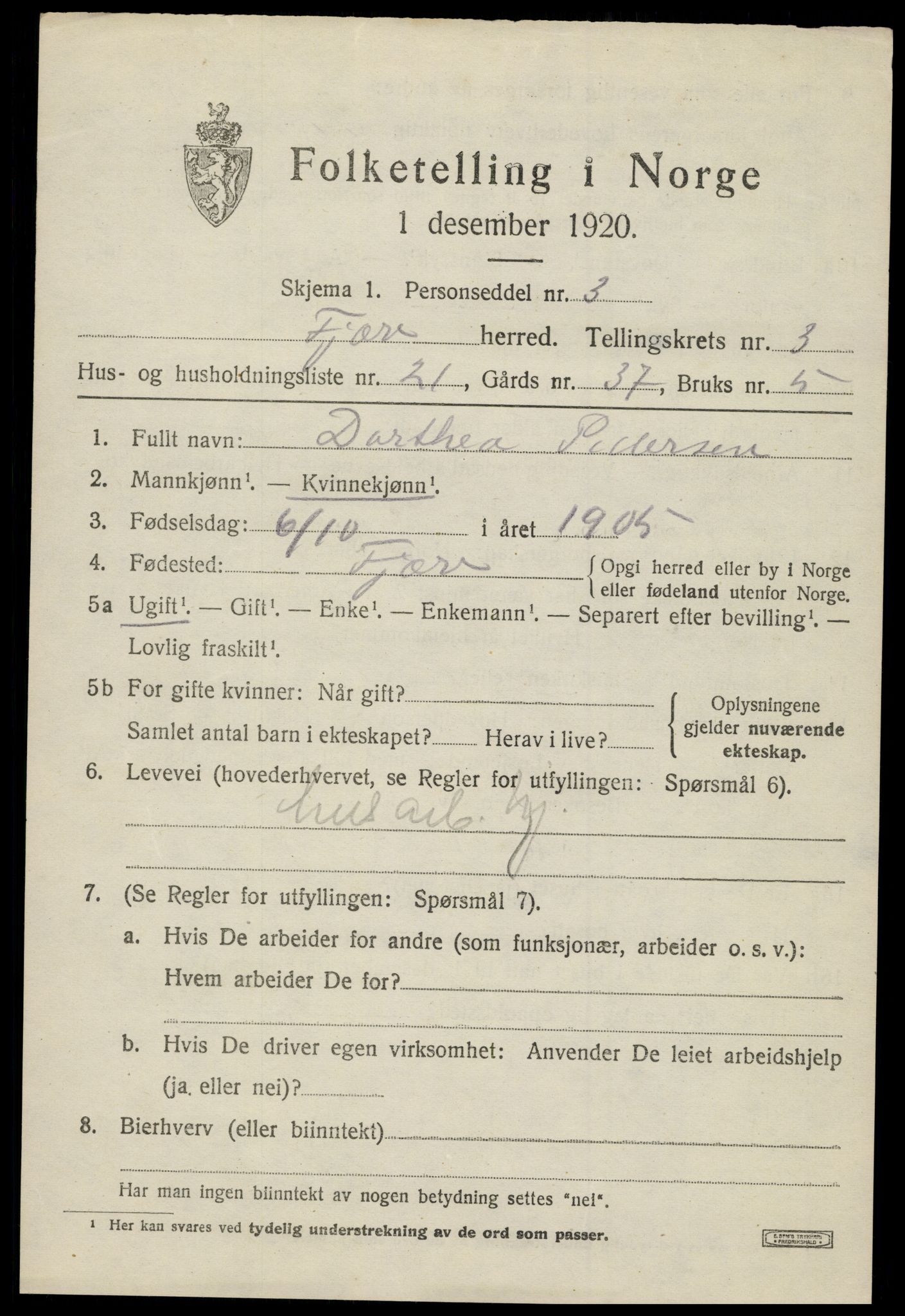 SAK, 1920 census for Fjære, 1920, p. 4789