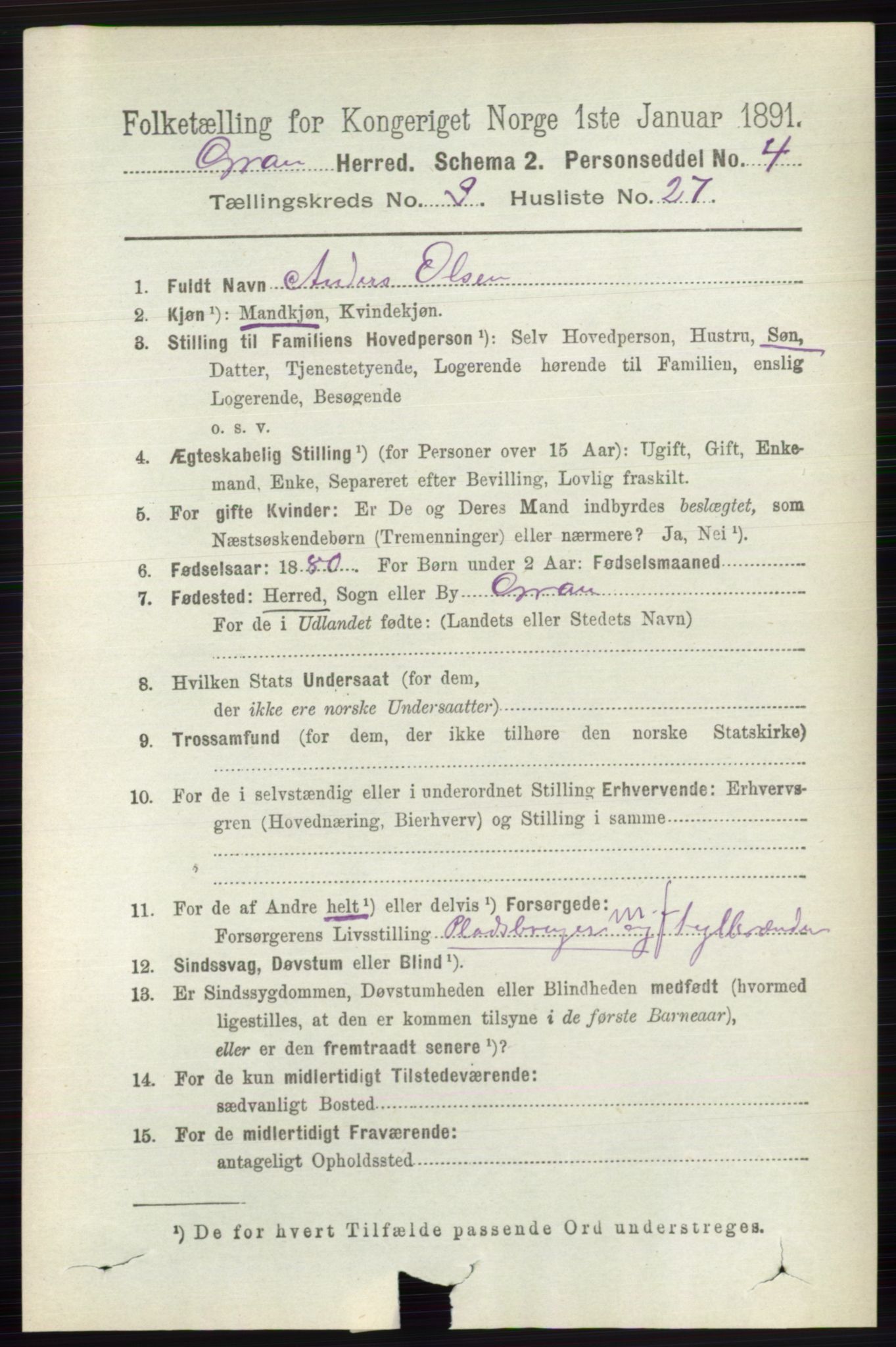 RA, 1891 census for 0534 Gran, 1891, p. 843