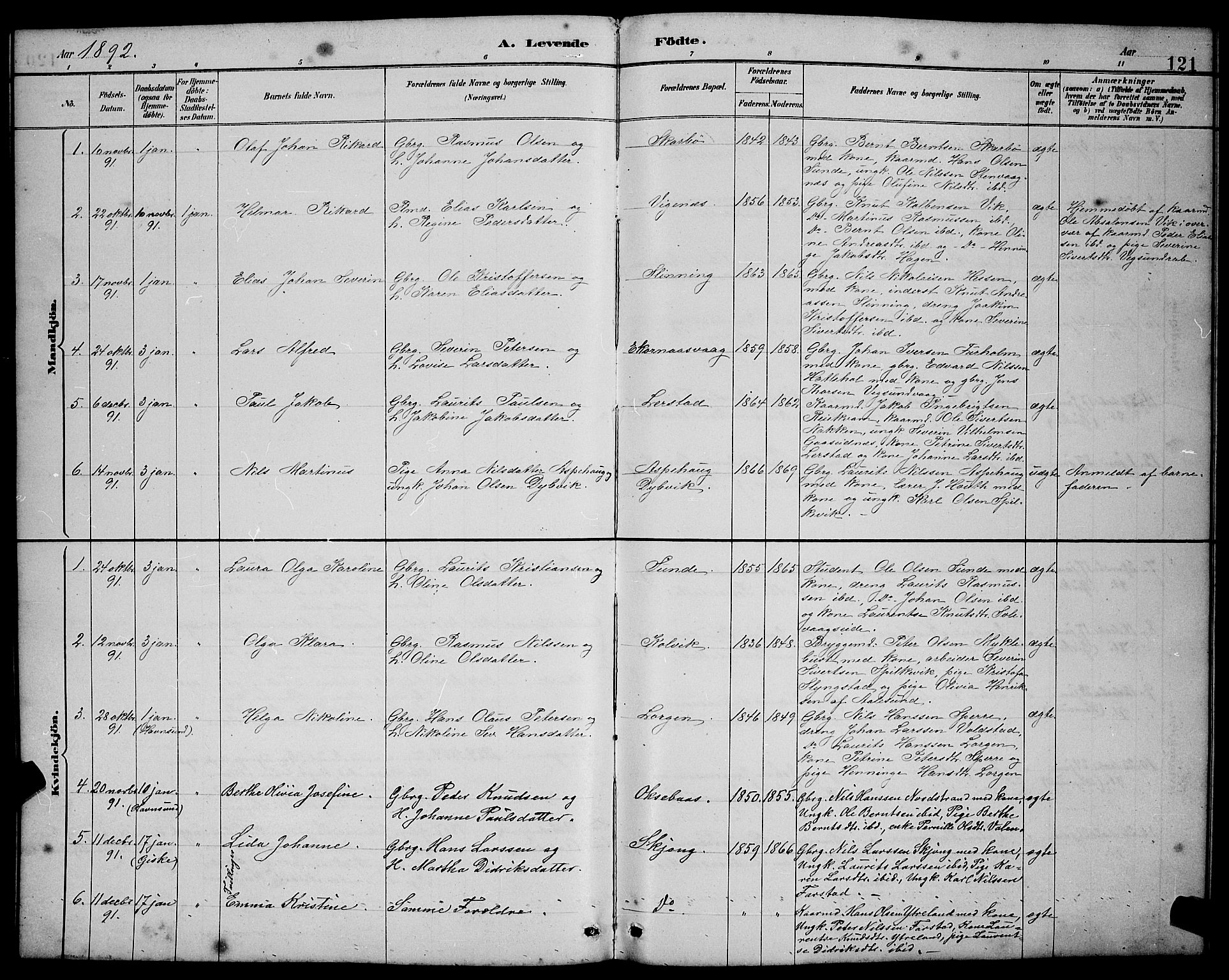 Ministerialprotokoller, klokkerbøker og fødselsregistre - Møre og Romsdal, SAT/A-1454/528/L0431: Parish register (copy) no. 528C12, 1885-1898, p. 121