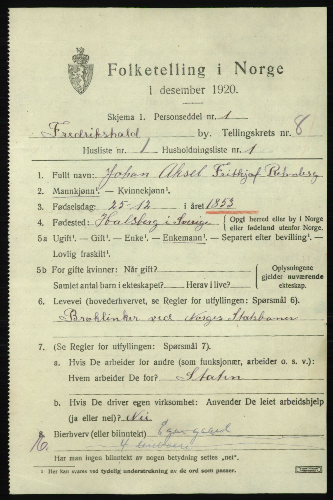 SAO, 1920 census for Fredrikshald, 1920, p. 14607