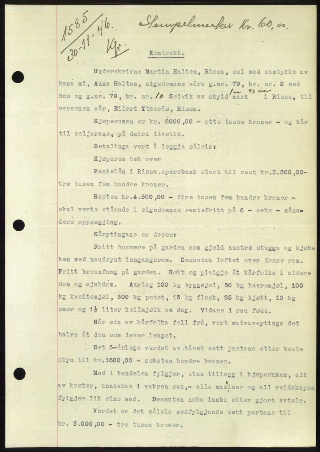 Fosen sorenskriveri, AV/SAT-A-1107/1/2/2C: Mortgage book no. A4-6, 1946-1947, Diary no: : 1585/1946