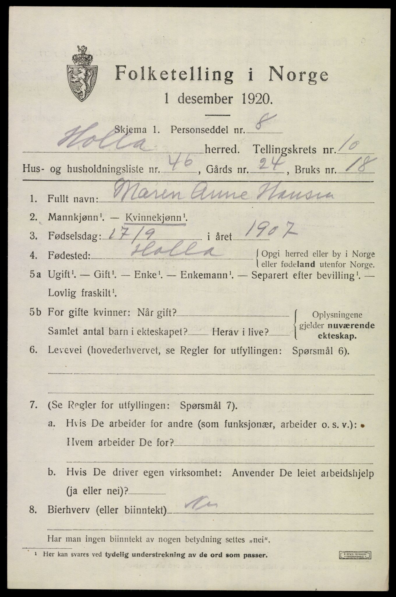 SAKO, 1920 census for Holla, 1920, p. 6589