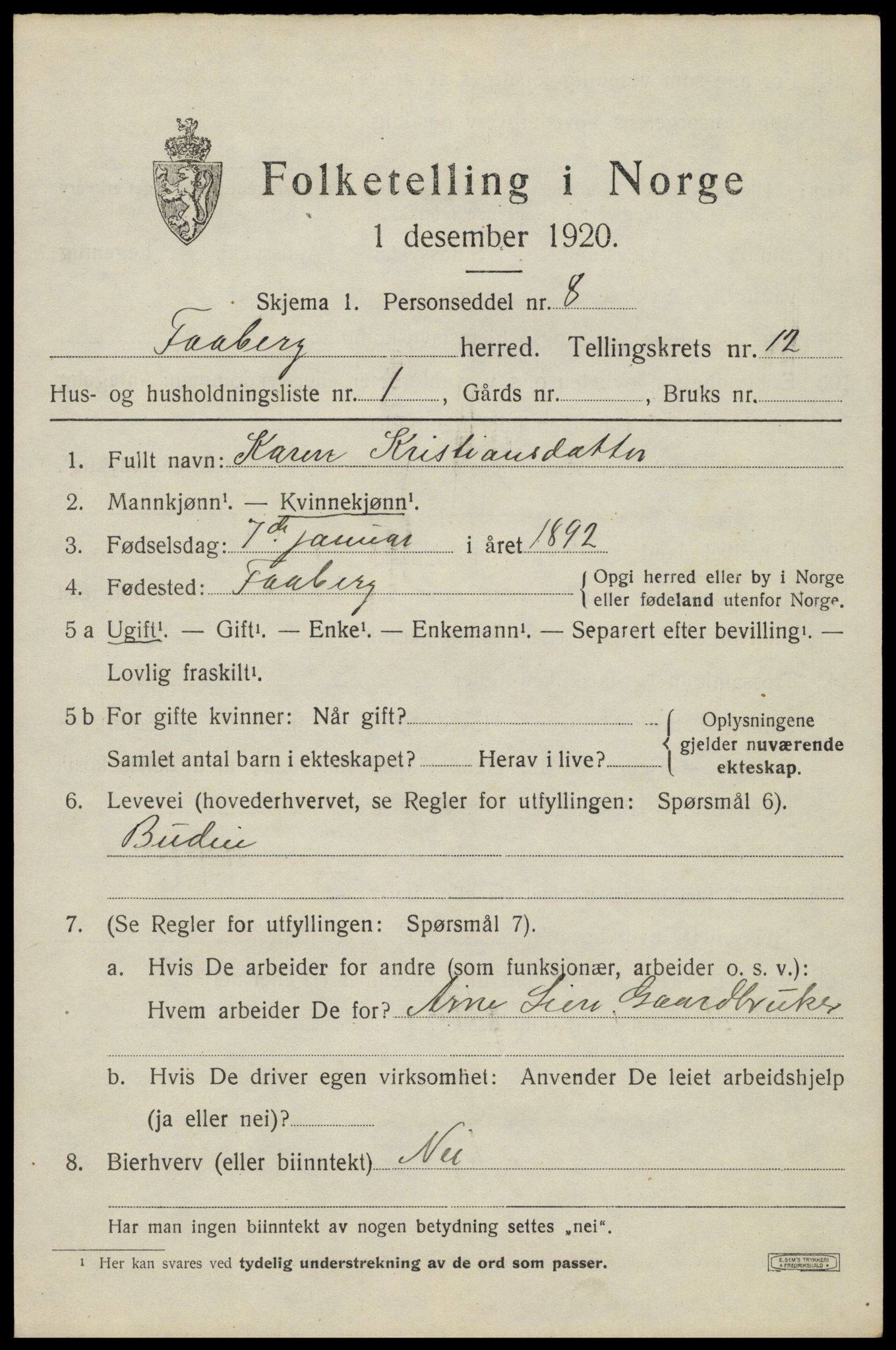 SAH, 1920 census for Fåberg, 1920, p. 12734