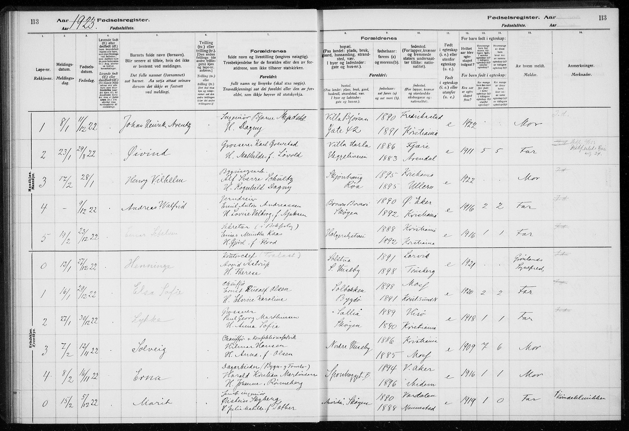 Ullern prestekontor Kirkebøker, SAO/A-10740/J/L0001: Birth register no. 1, 1916-1928, p. 113