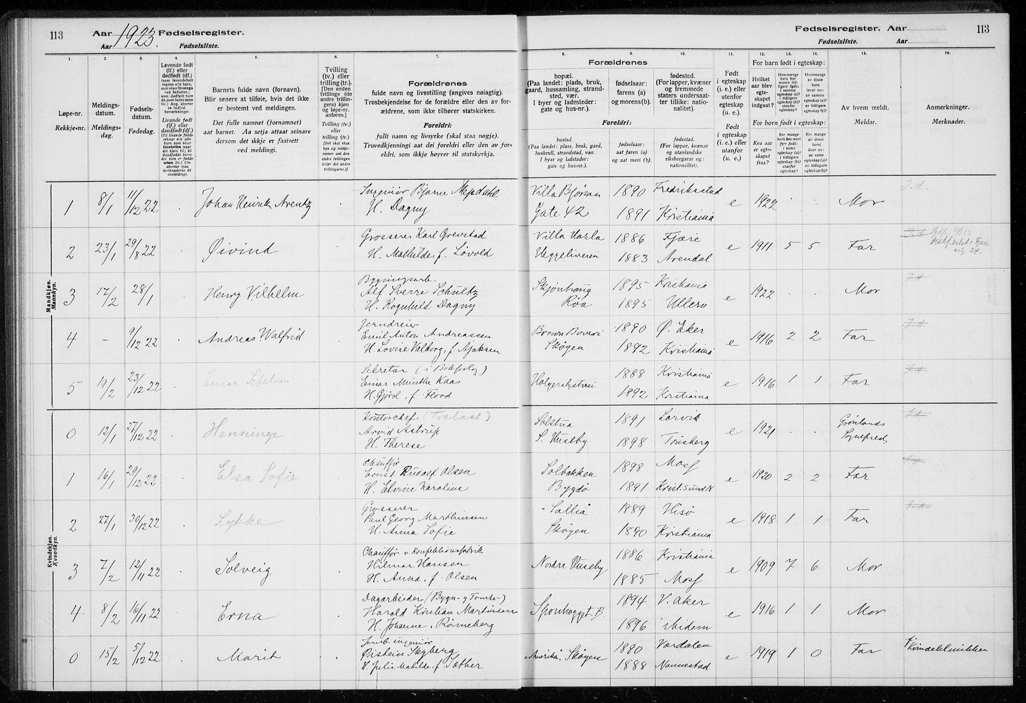 Ullern prestekontor Kirkebøker, AV/SAO-A-10740/J/L0001: Birth register no. 1, 1916-1928, p. 113