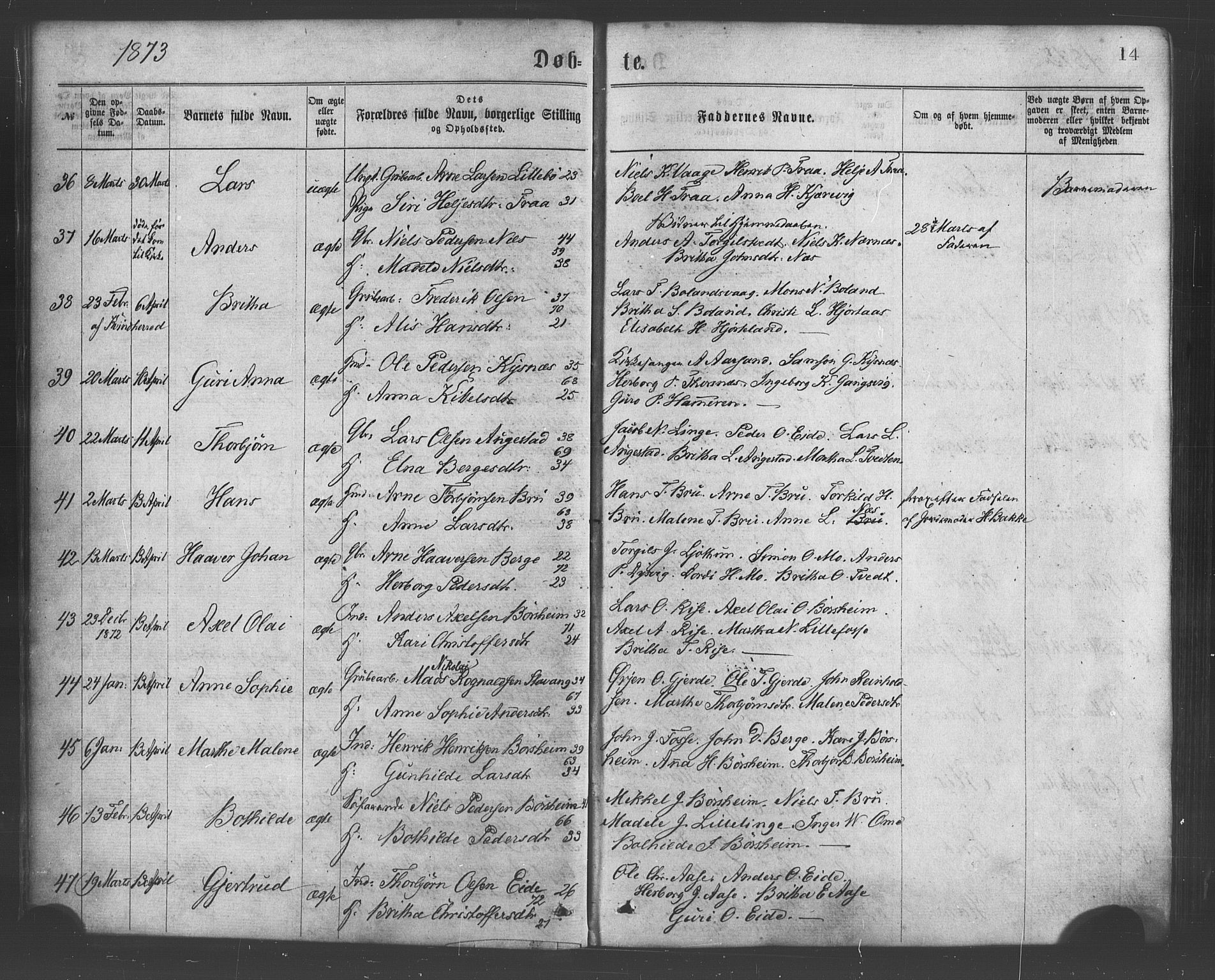 Strandebarm sokneprestembete, AV/SAB-A-78401/H/Haa: Parish register (official) no. A 9, 1872-1886, p. 14