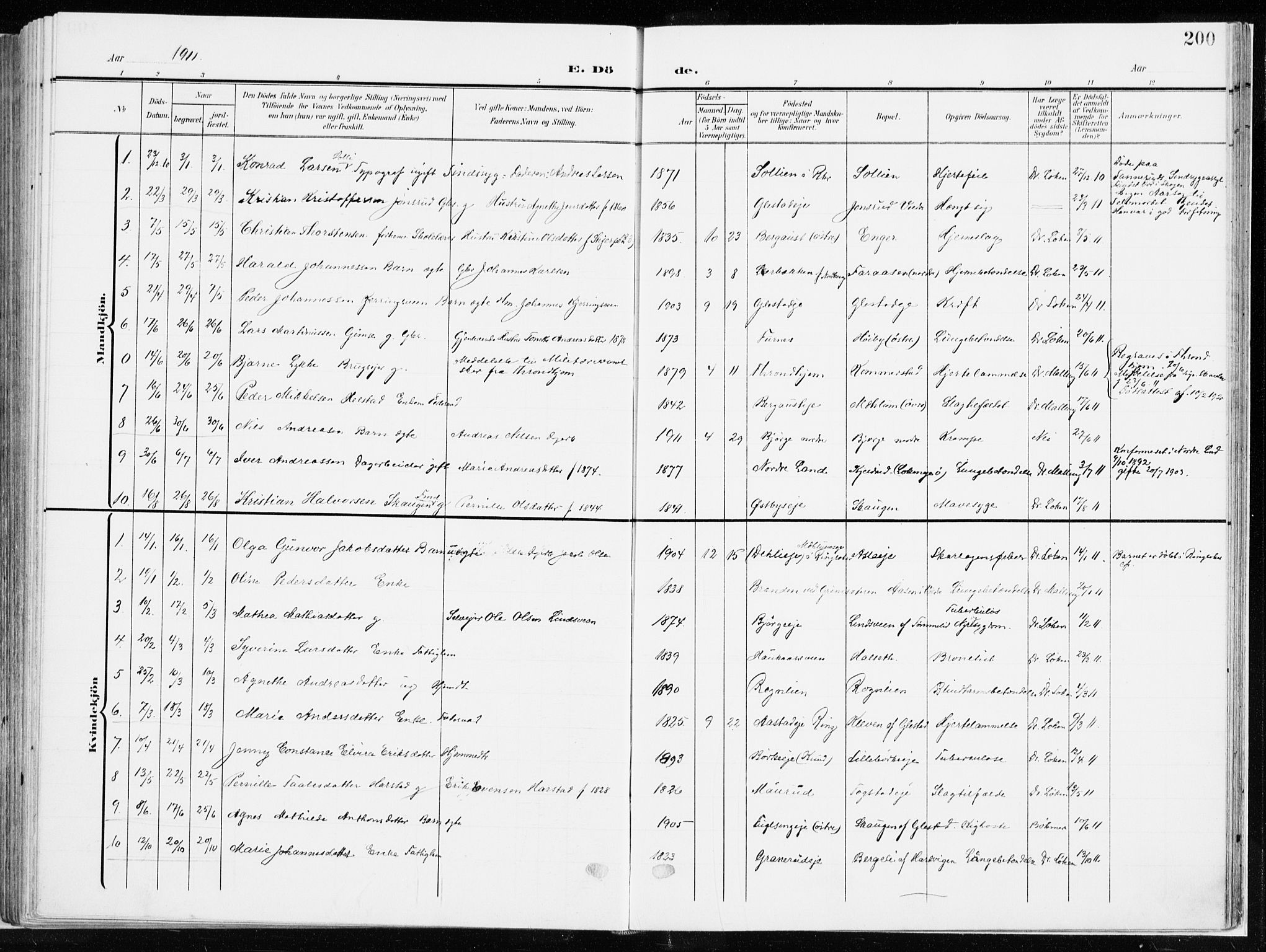 Ringsaker prestekontor, AV/SAH-PREST-014/K/Ka/L0019: Parish register (official) no. 19, 1905-1920, p. 200