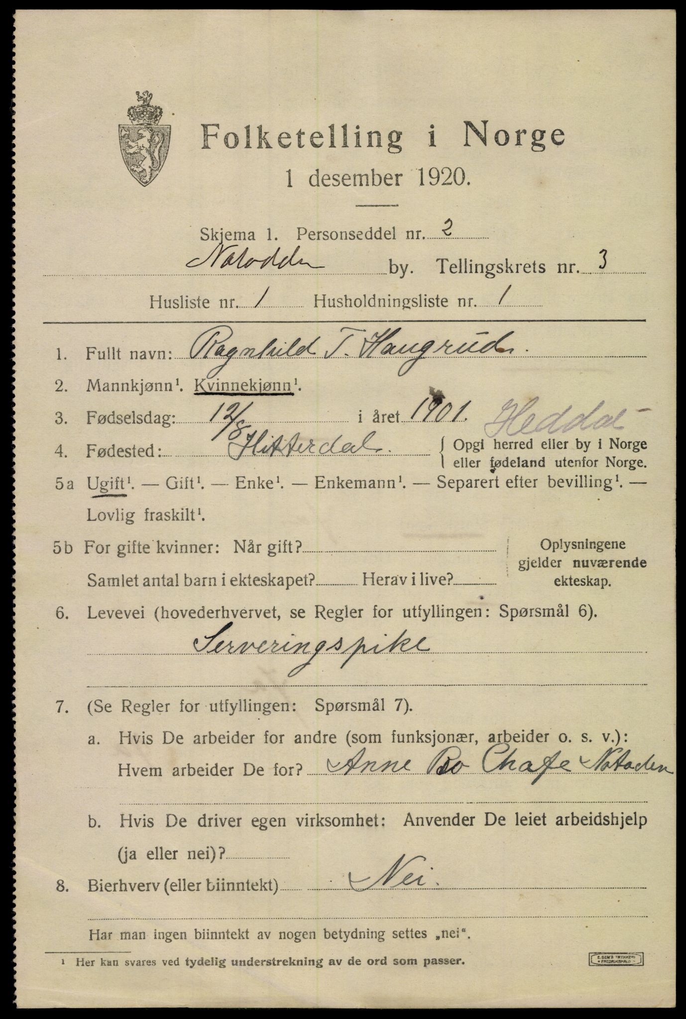 SAKO, 1920 census for Notodden, 1920, p. 8308