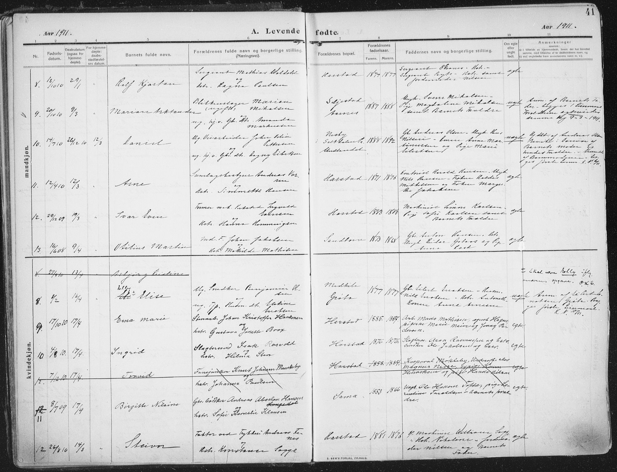 Trondenes sokneprestkontor, SATØ/S-1319/H/Ha/L0018kirke: Parish register (official) no. 18, 1909-1918, p. 41