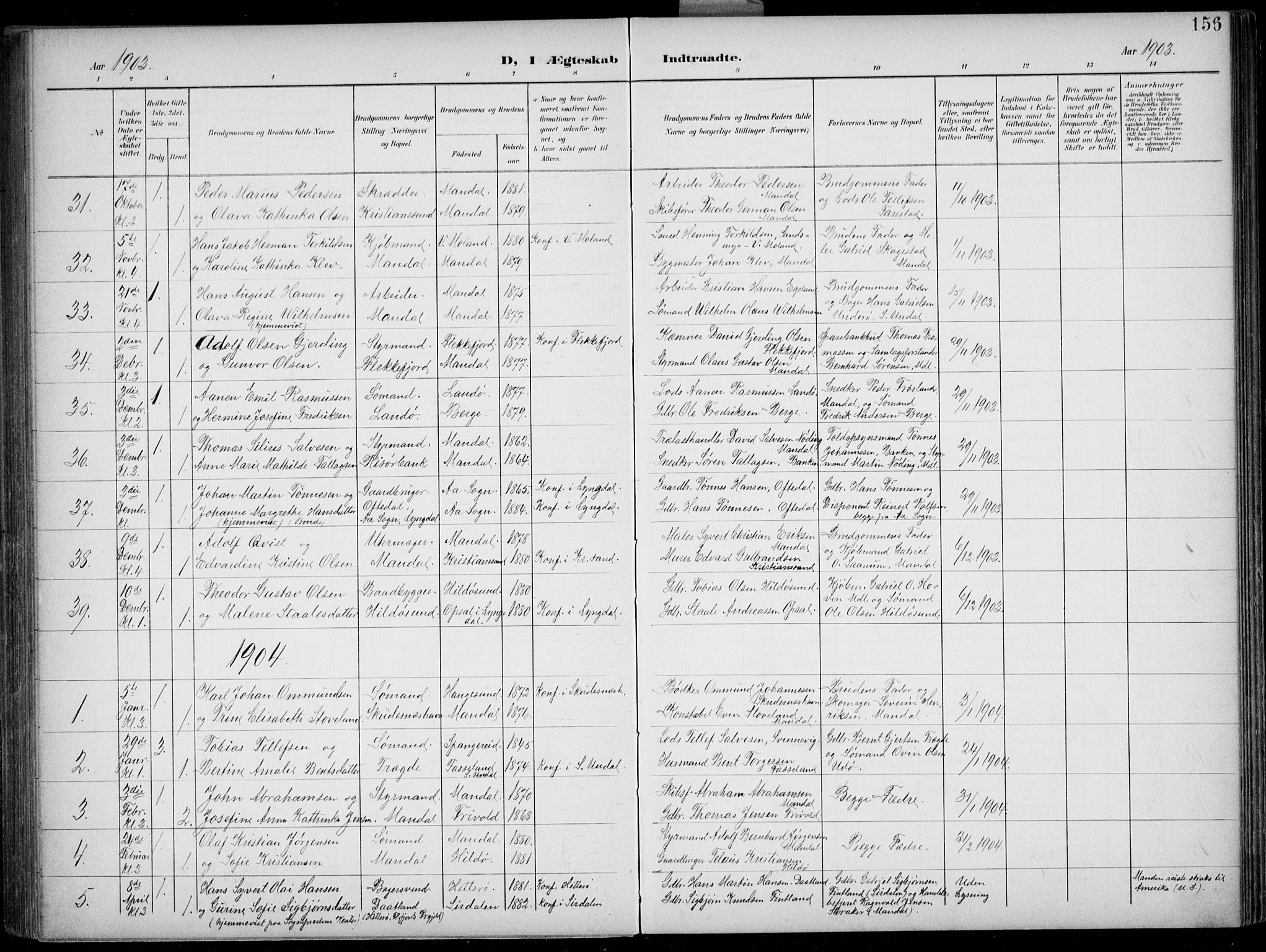 Mandal sokneprestkontor, AV/SAK-1111-0030/F/Fb/Fba/L0012: Parish register (copy) no. B 6, 1899-1918, p. 156