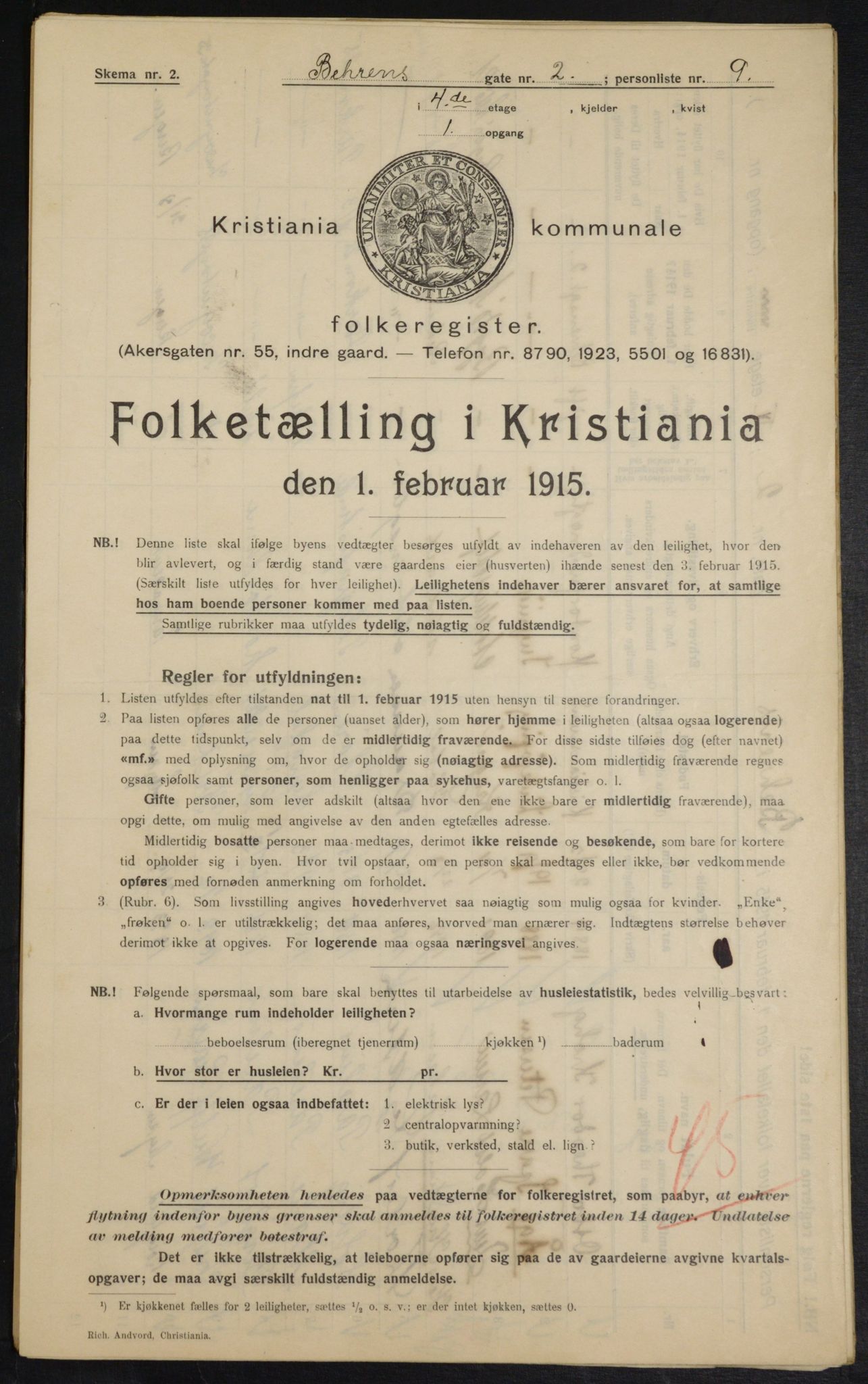 OBA, Municipal Census 1915 for Kristiania, 1915, p. 3420