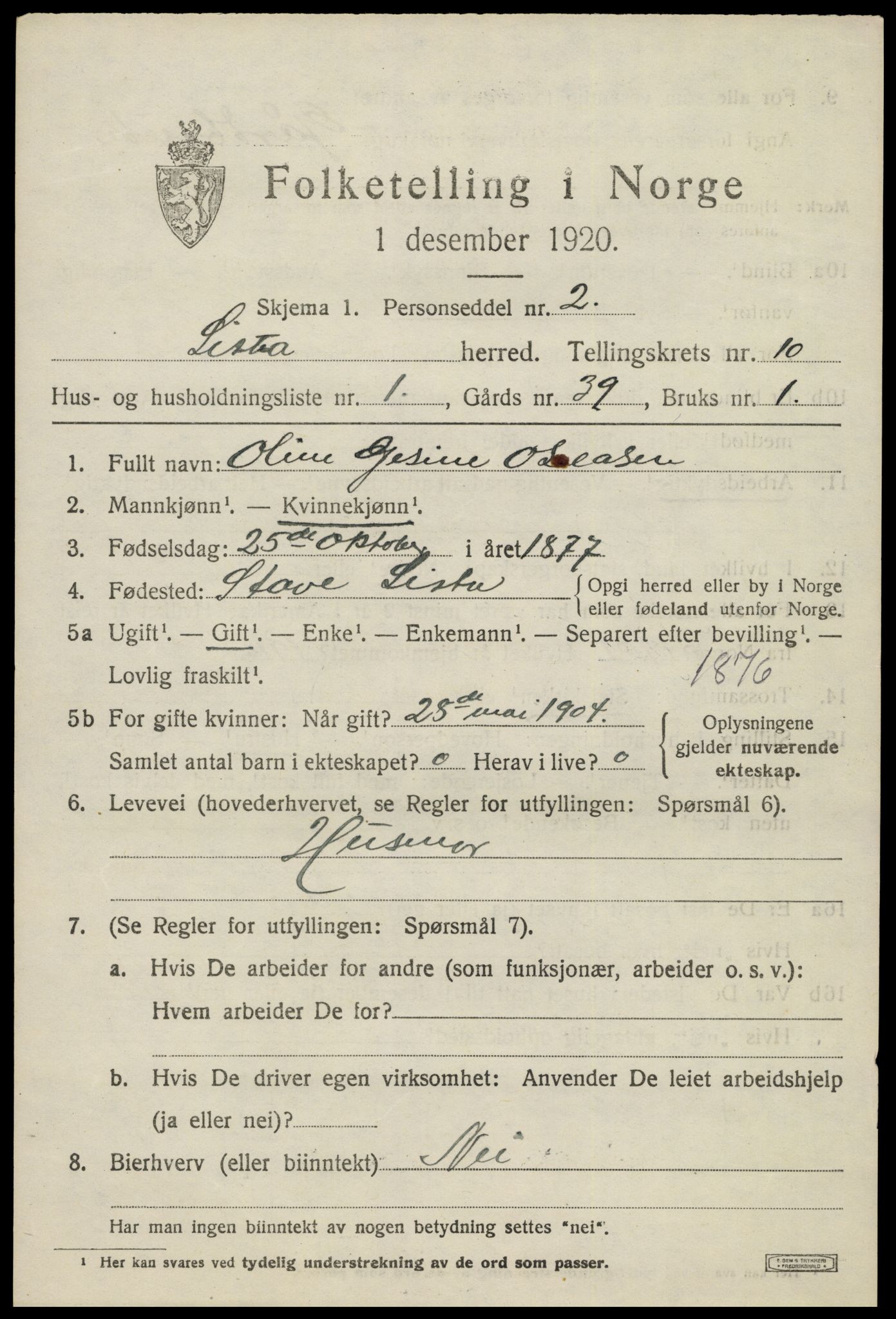 SAK, 1920 census for Lista, 1920, p. 10159